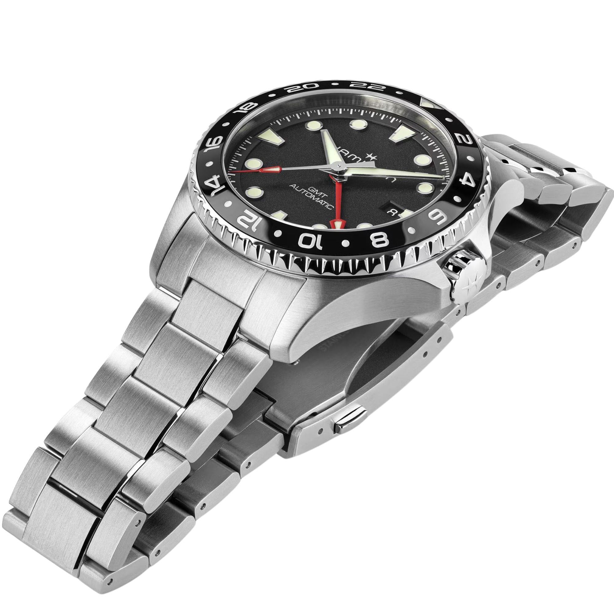 Hamilton Khaki Navy H82555130 43mm black dial and stainless steel bracelet side profile