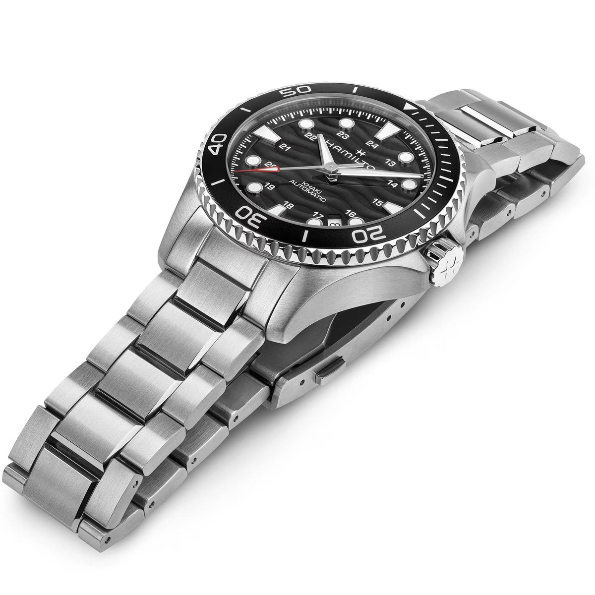 Hamilton Khaki Navy Scuba H82415130 side profile view featuring steel bracelet links and watch dial