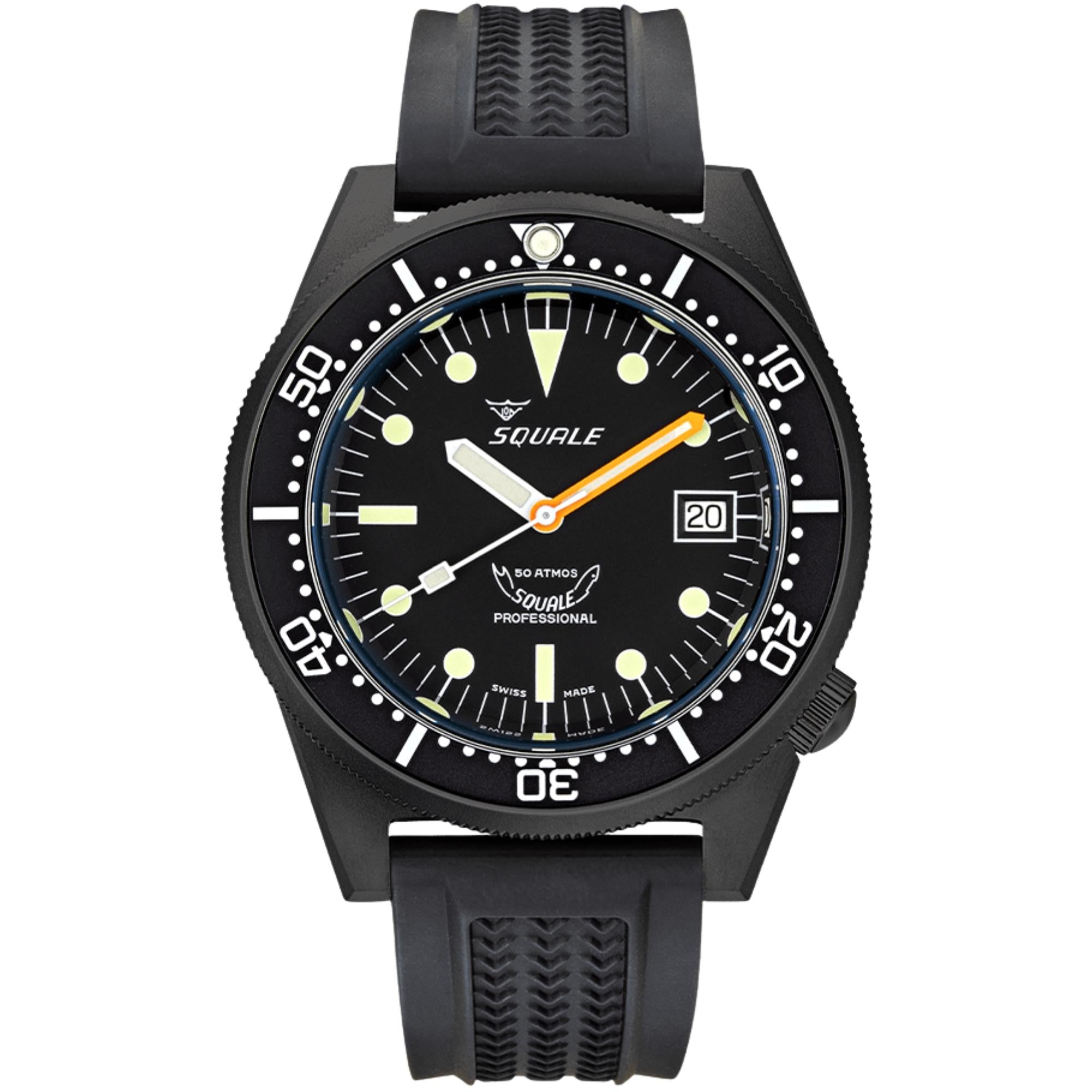 Squale 1521 DLC 42mm Schwarzes Zifferblatt Gummi Herren Automatik Uhr 1521DLCBK.VO