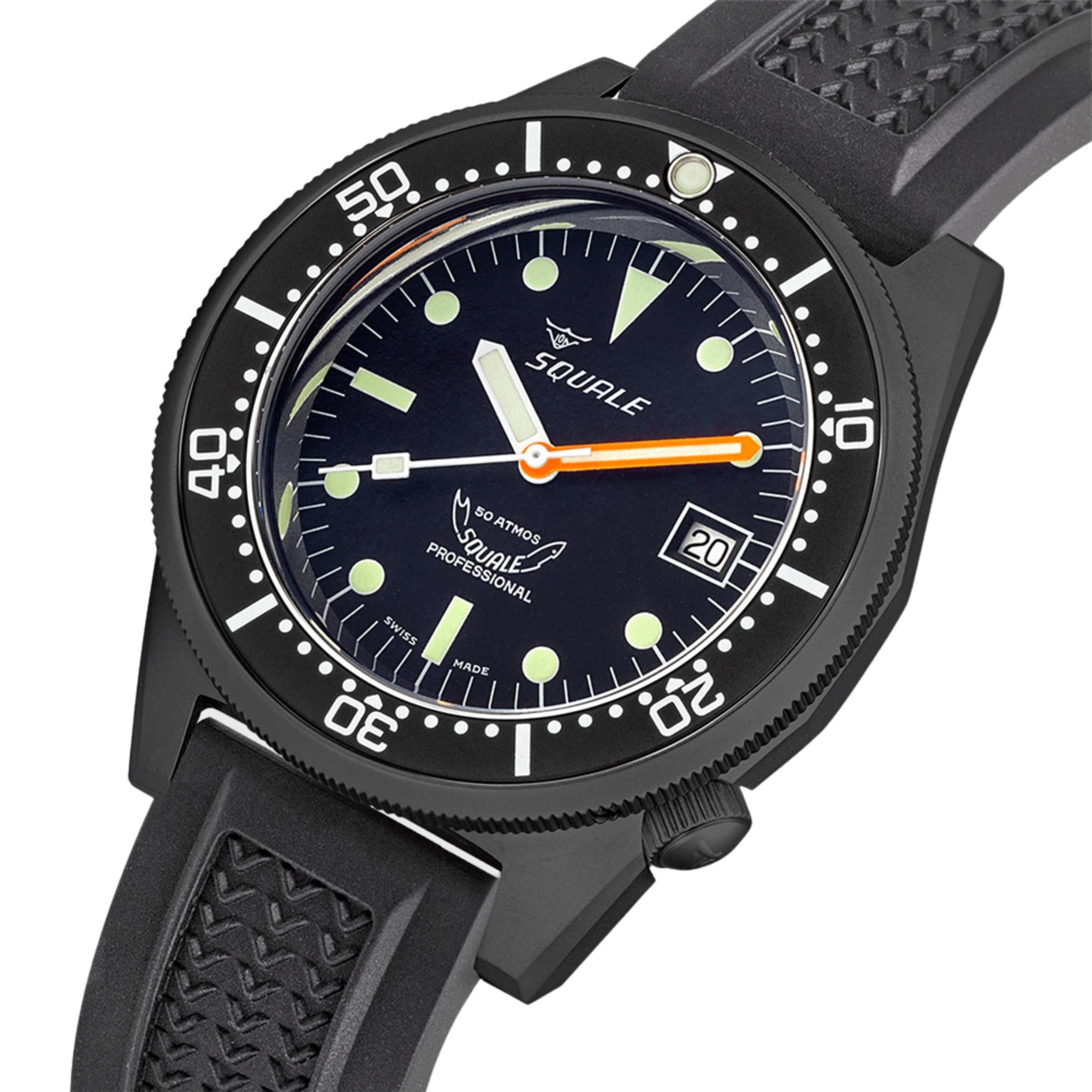 Squale 1521 DLC 42mm Schwarzes Zifferblatt Gummi Herren Automatik Uhr 1521DLCBK.VO