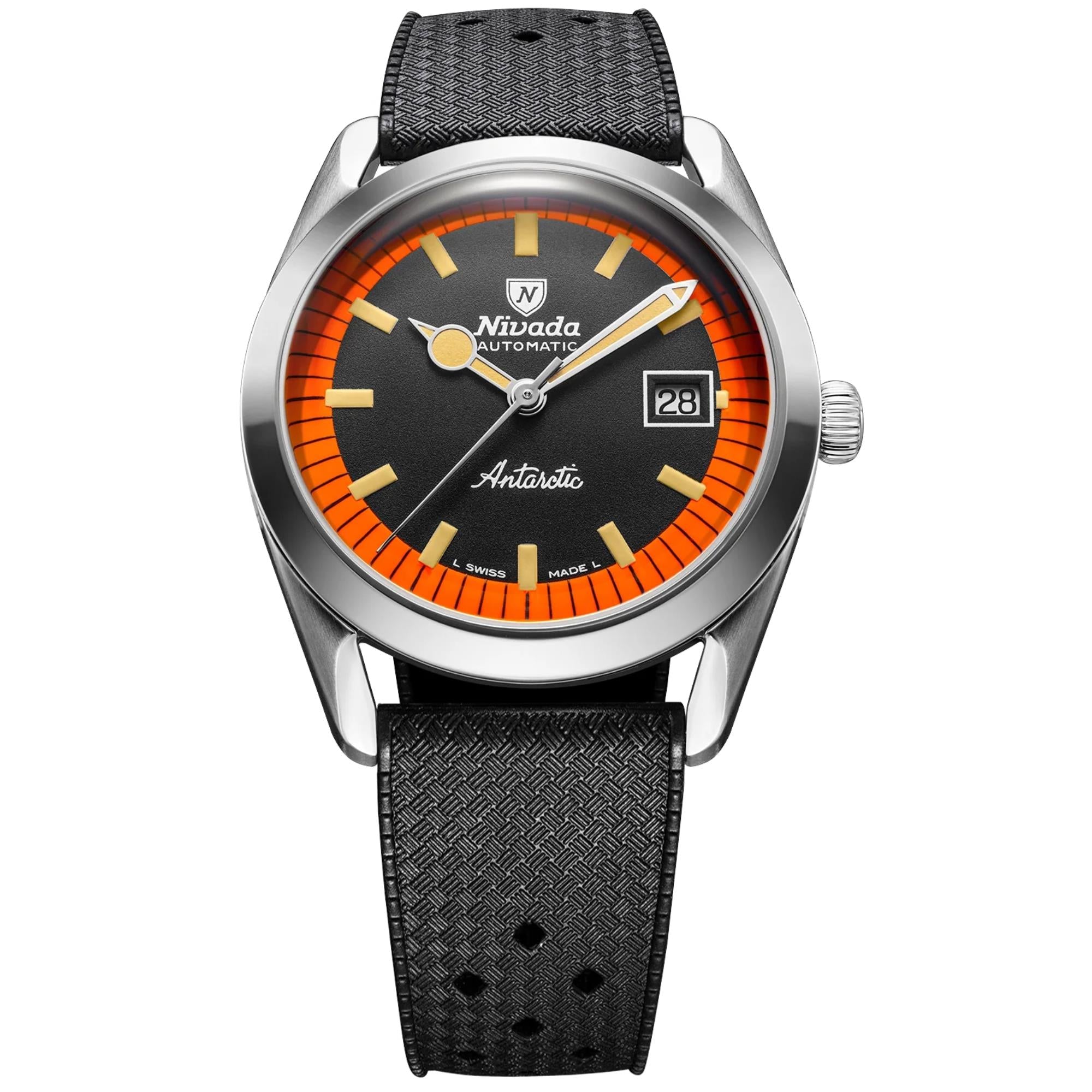 Nivada Grenchen Super Antarctic 38mm Schwarzes Zifferblatt Gummi Herren Automatik Uhr 32056A01