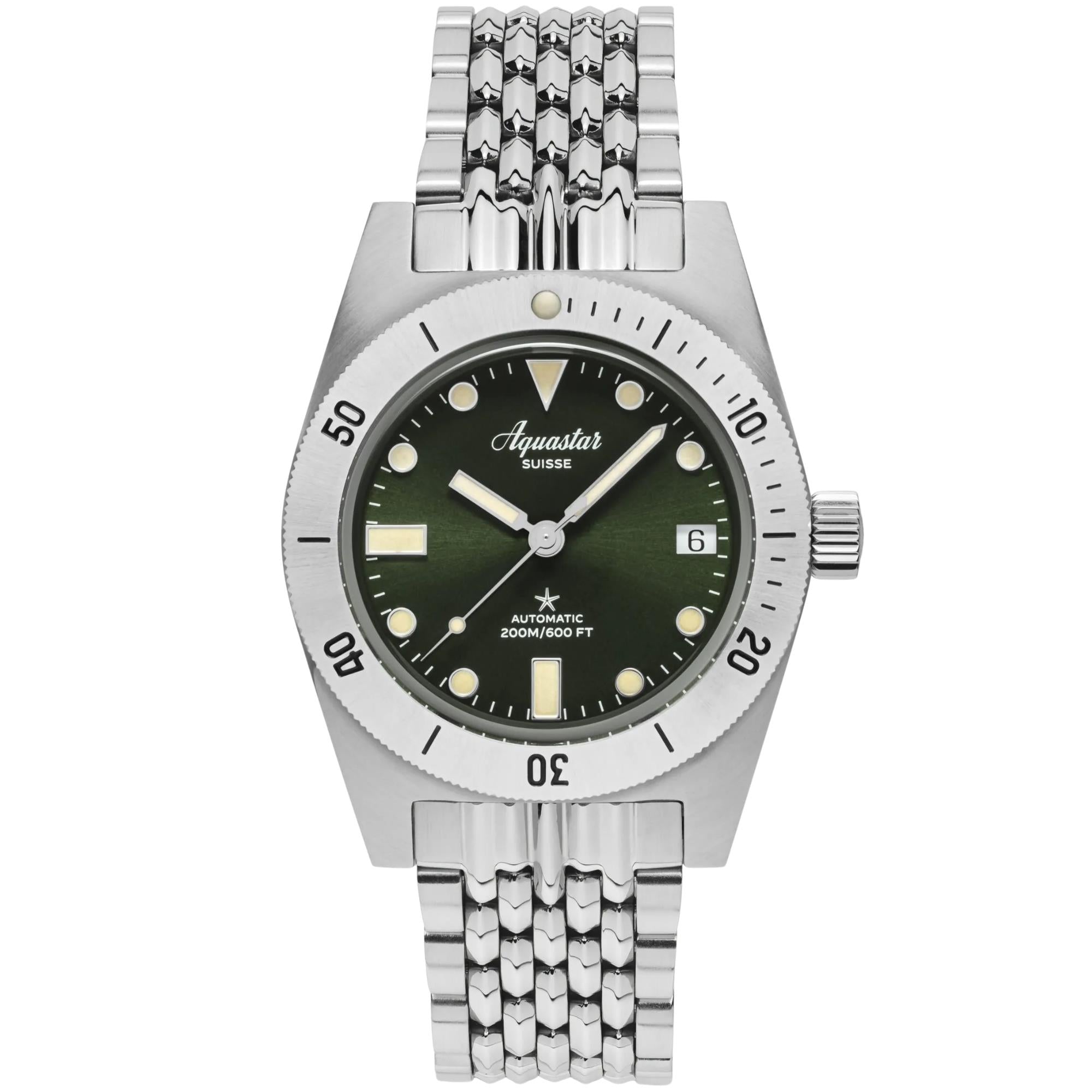 Aquastar Modell 60 Greenwich 37mm Limited Edition grünes Zifferblatt Stahl und Armband Herren Automatik Uhr M60-GREENWICH