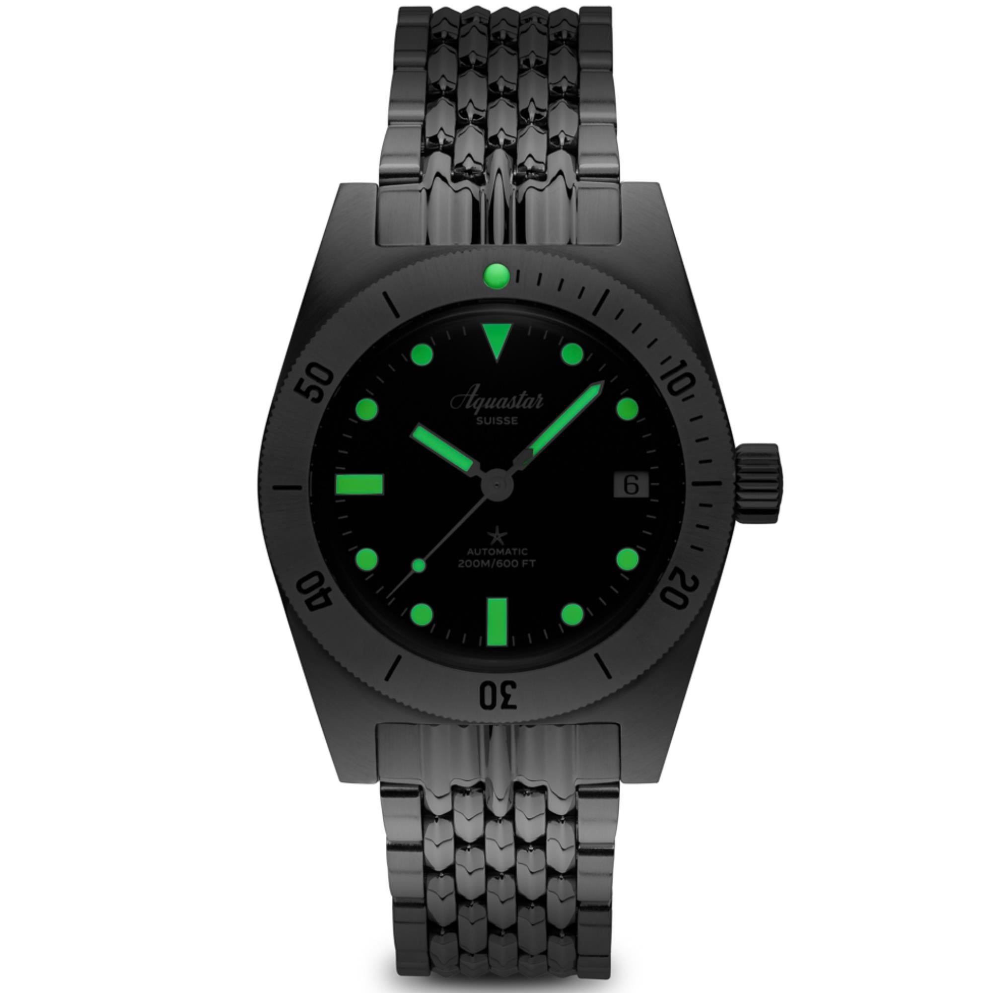 Aquastar Modell 60 Greenwich 37mm Limited Edition grünes Zifferblatt Stahl und Armband Herren Automatik Uhr M60-GREENWICH