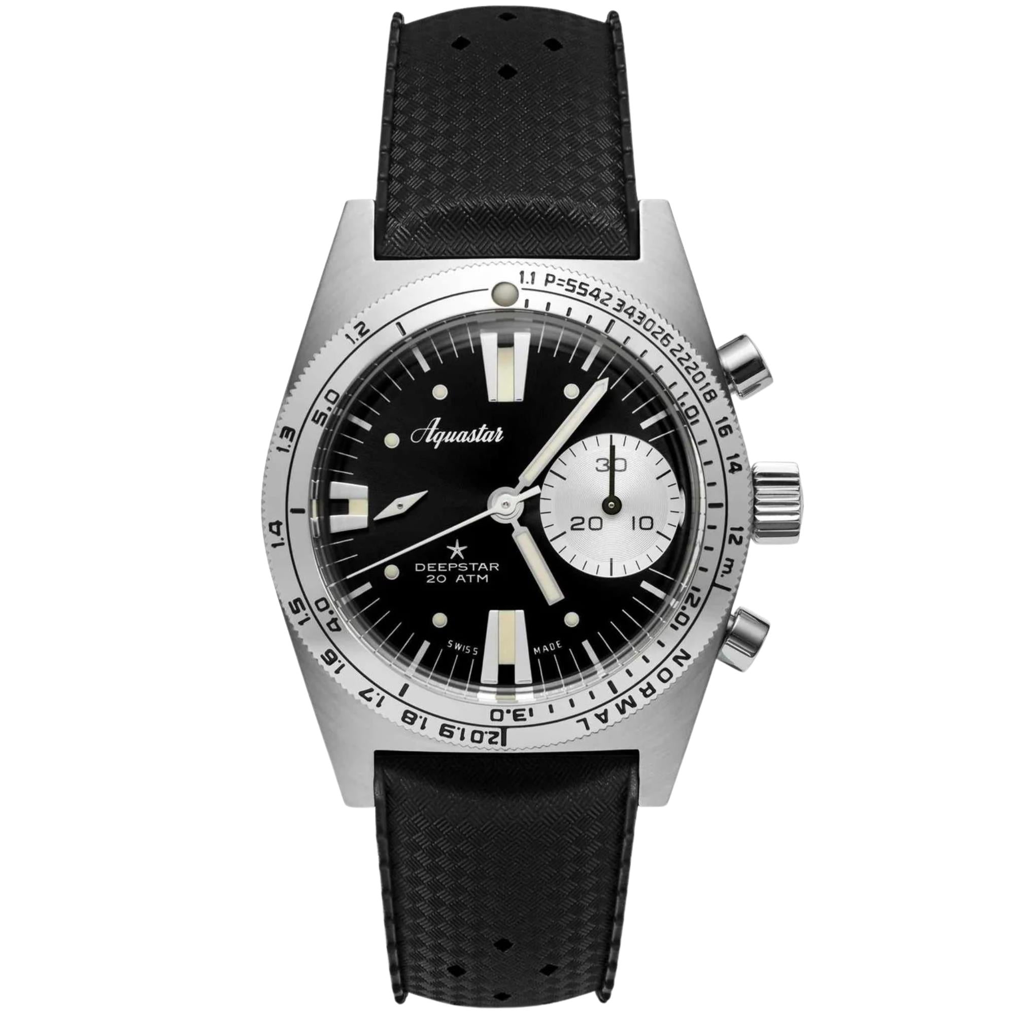 Aquastar Deepstar Vintage 39mm Chronograph schwarzes Zifferblatt Gummi Herren Automatik Uhr DS39-TRO VB