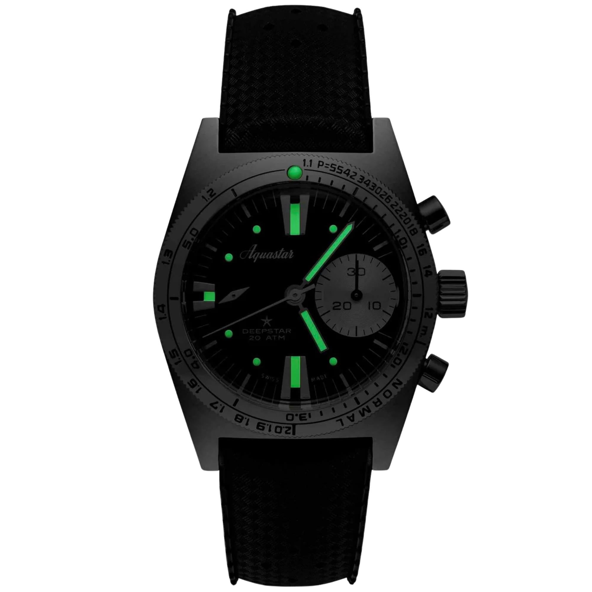 Aquastar Deepstar Vintage 39mm Chronograph schwarzes Zifferblatt Gummi Herren Automatik Uhr DS39-TRO VB
