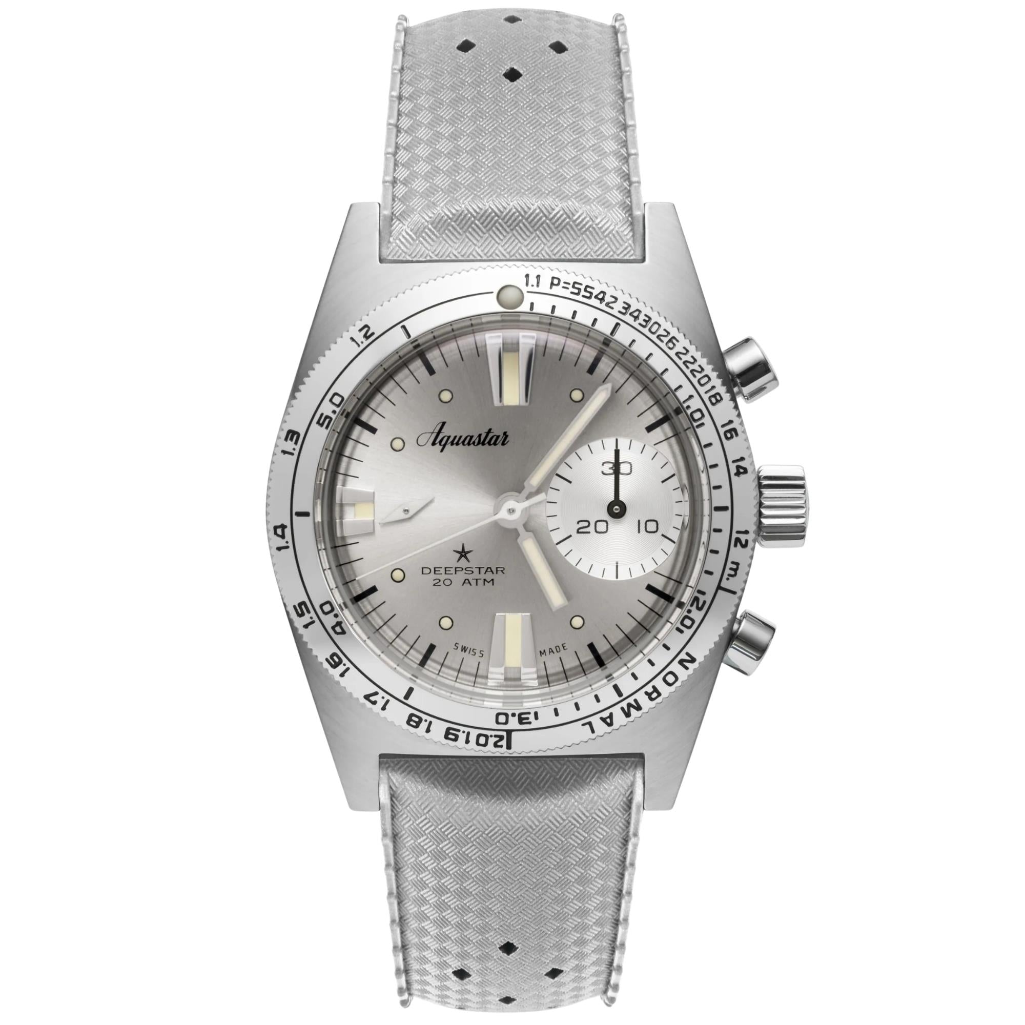 Aquastar Deepstar Silverline 39mm Chronograph silbernes Zifferblatt Stahl Herren Automatik Uhr