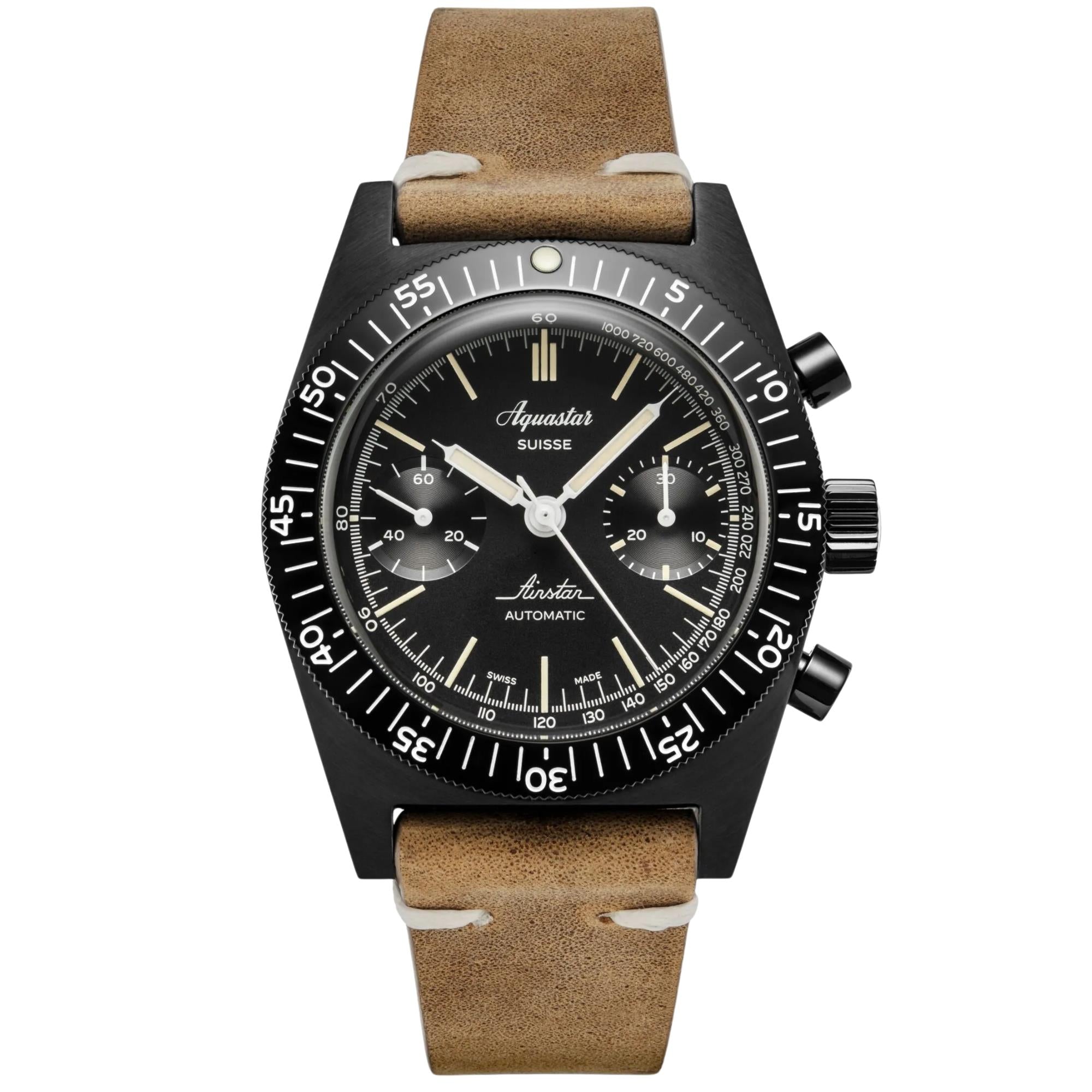 Aquastar Airstar 39mm Chronograph 60th Anniversary Re-Edition Black Dial NATO & Tropic Mens Automatic Watch AIRSTAR-DLC
