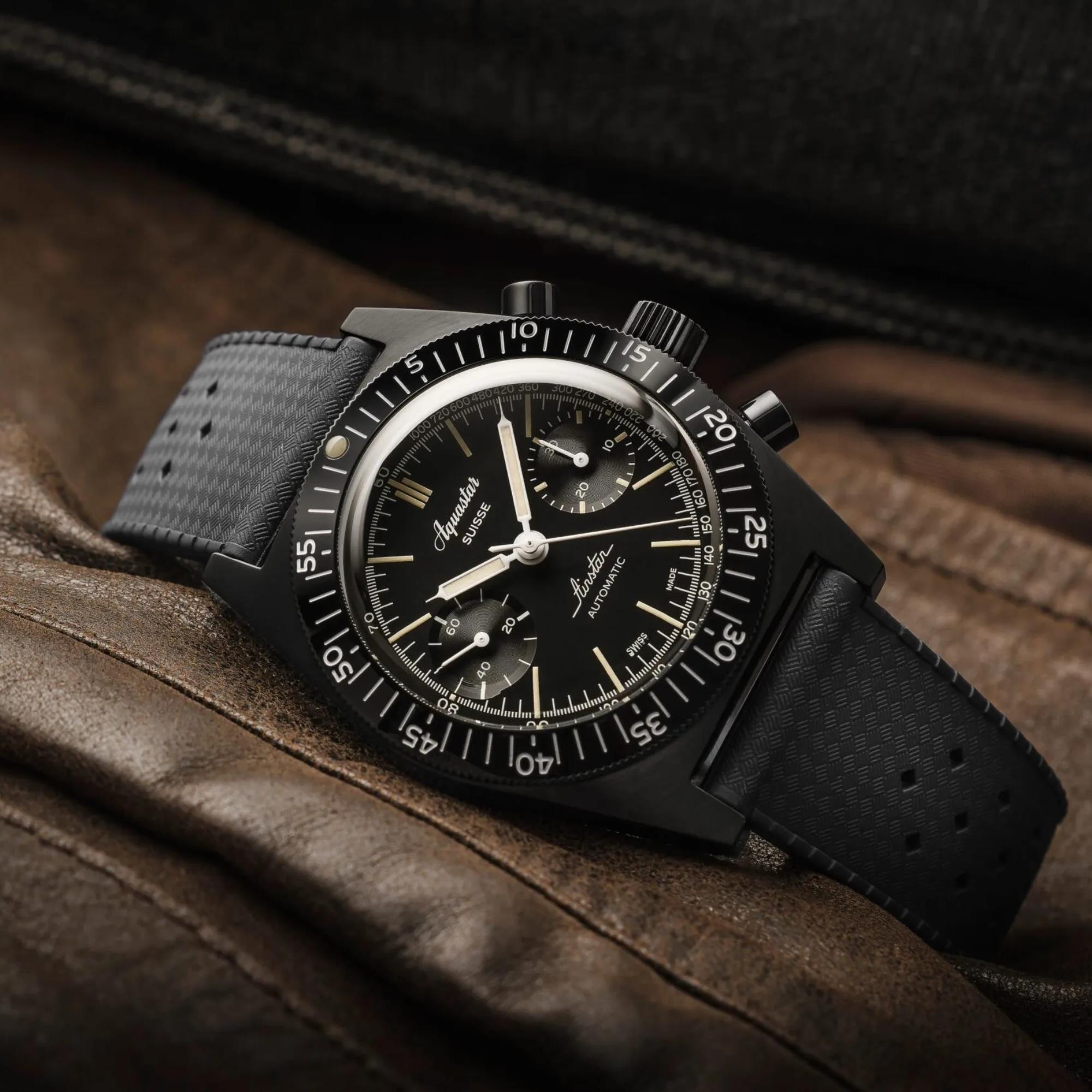 Aquastar Airstar 39mm Chronograph 60th Anniversary Re-Edition Black Dial NATO & Tropic Mens Automatic Watch AIRSTAR-DLC