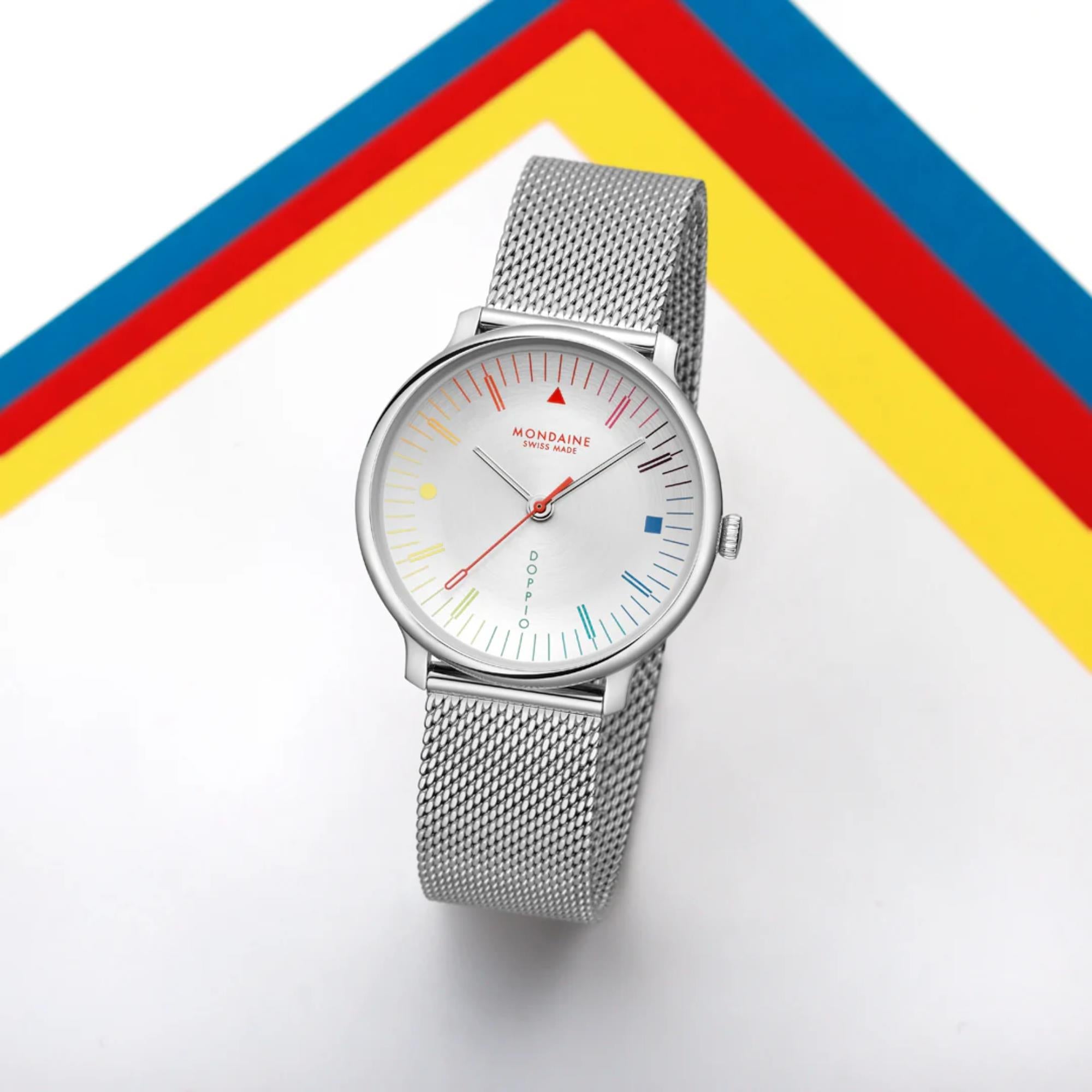 Mondaine Doppio Bauhaus Inspired 33mm White Dial Steel Ladies Quartz Watch MLE.33112.SM