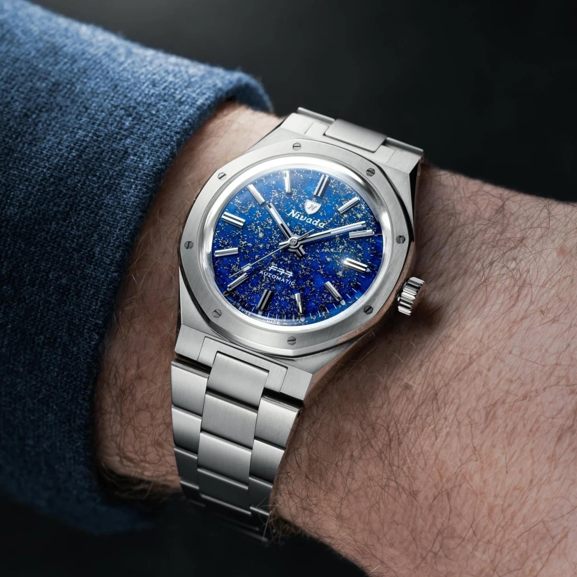 Nivada Grenchen F77 MK1 68009A77 blue stone dial on wrist view