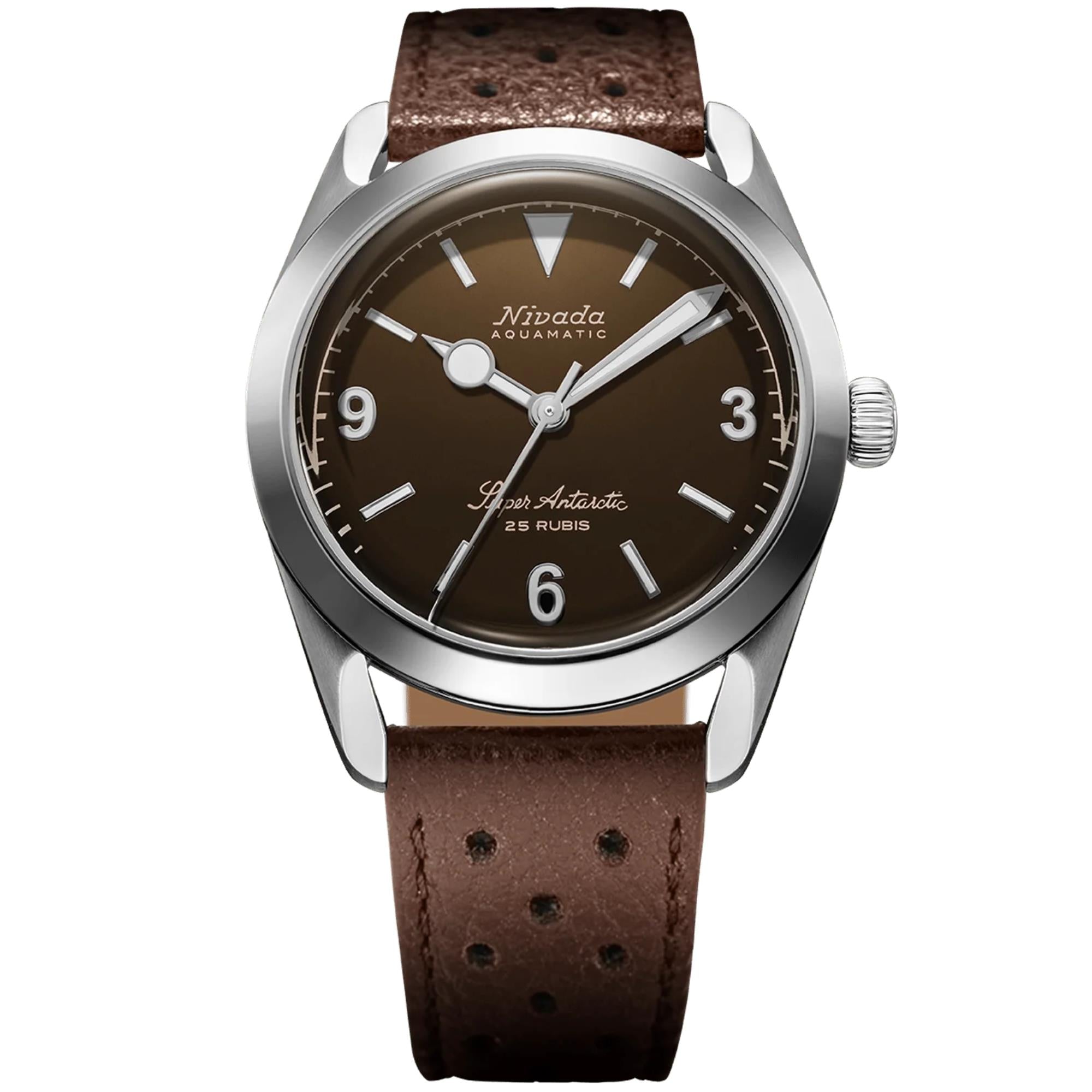 Nivada Grenchen Super Antarctic 32040A23 brown dial front view on white background