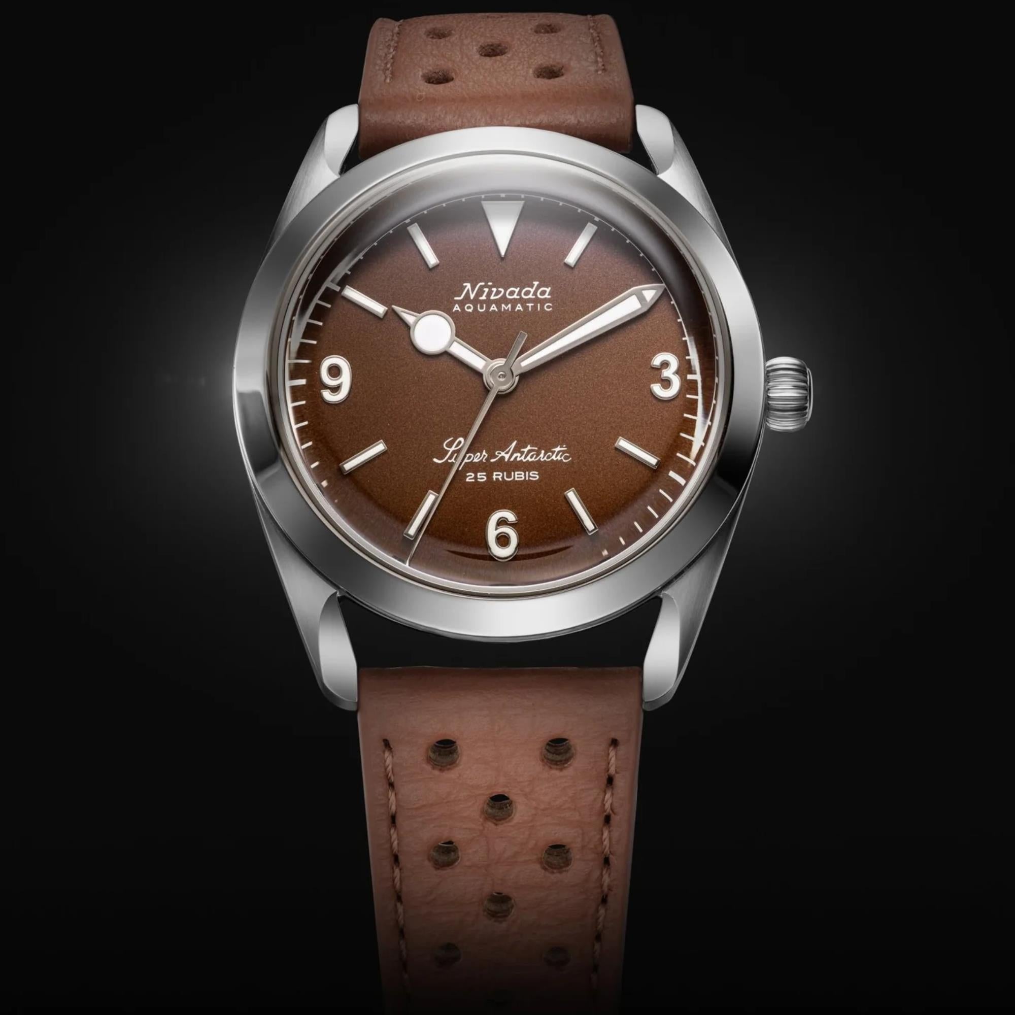 Nivada Grenchen Super Antarctic 32040A23 brown textured dial front view on dark background