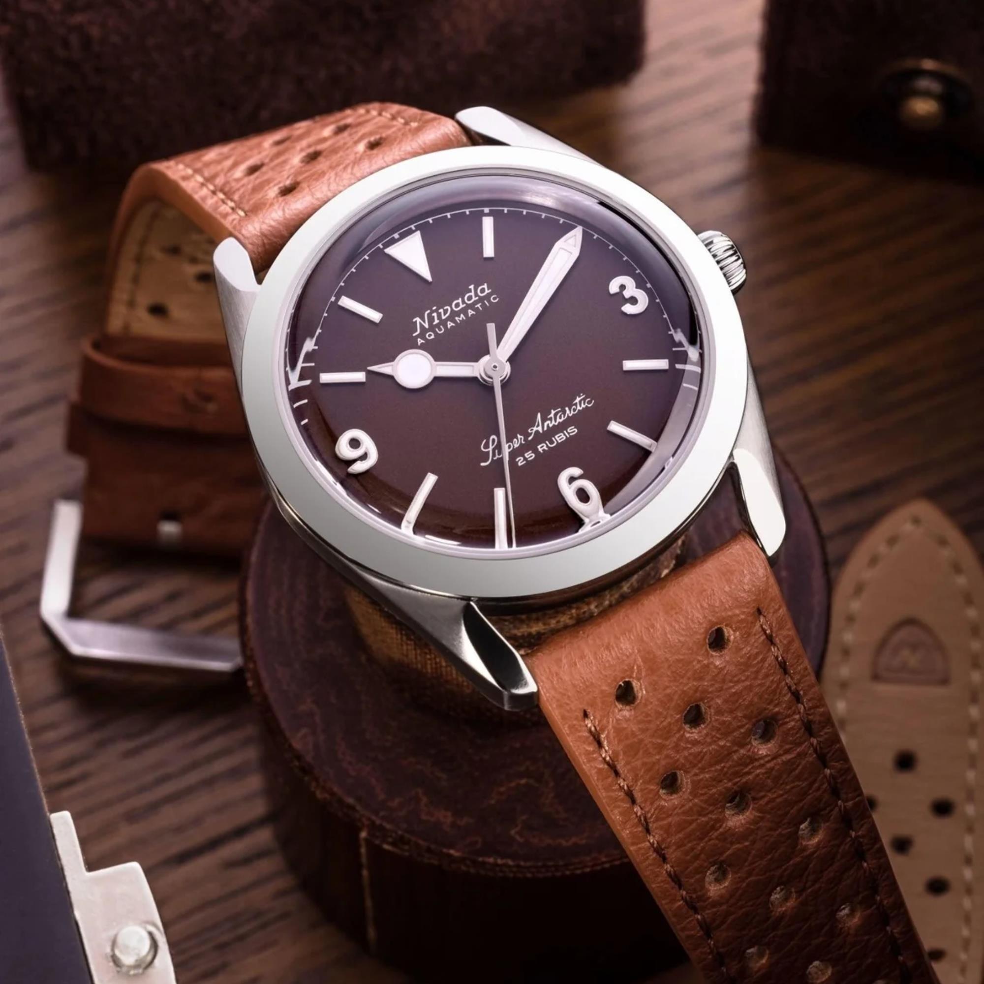Nivada Grenchen Super Antarctic 32040A23 automatic watch angled view on wooden display