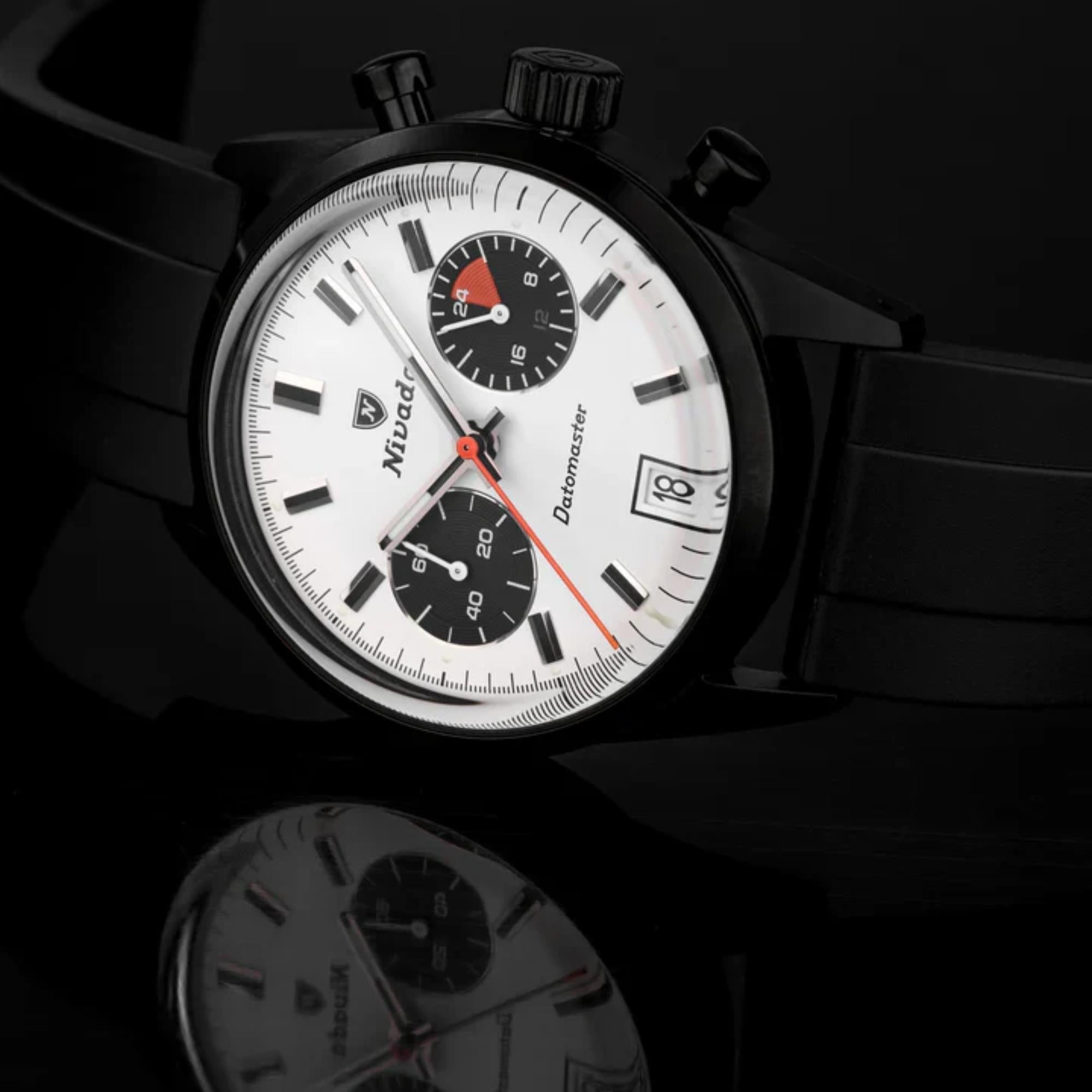 Nivada Grenchen Datomaster 88008Q33 stainless steel black case and reflection view
