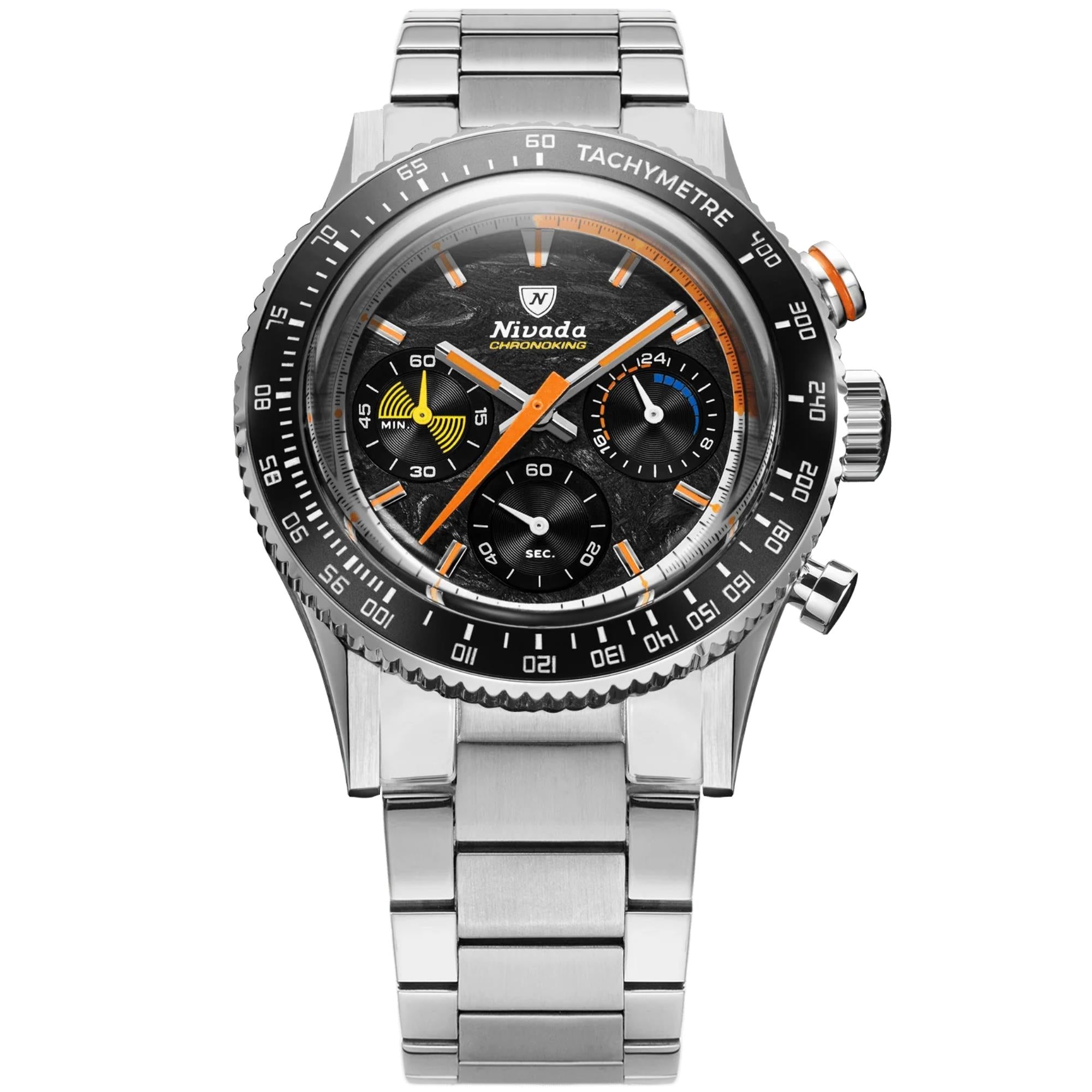 Nivada Grenchen Chronoking Mecaquartz 87049Q20 black dial front view with stainless steel bracelet