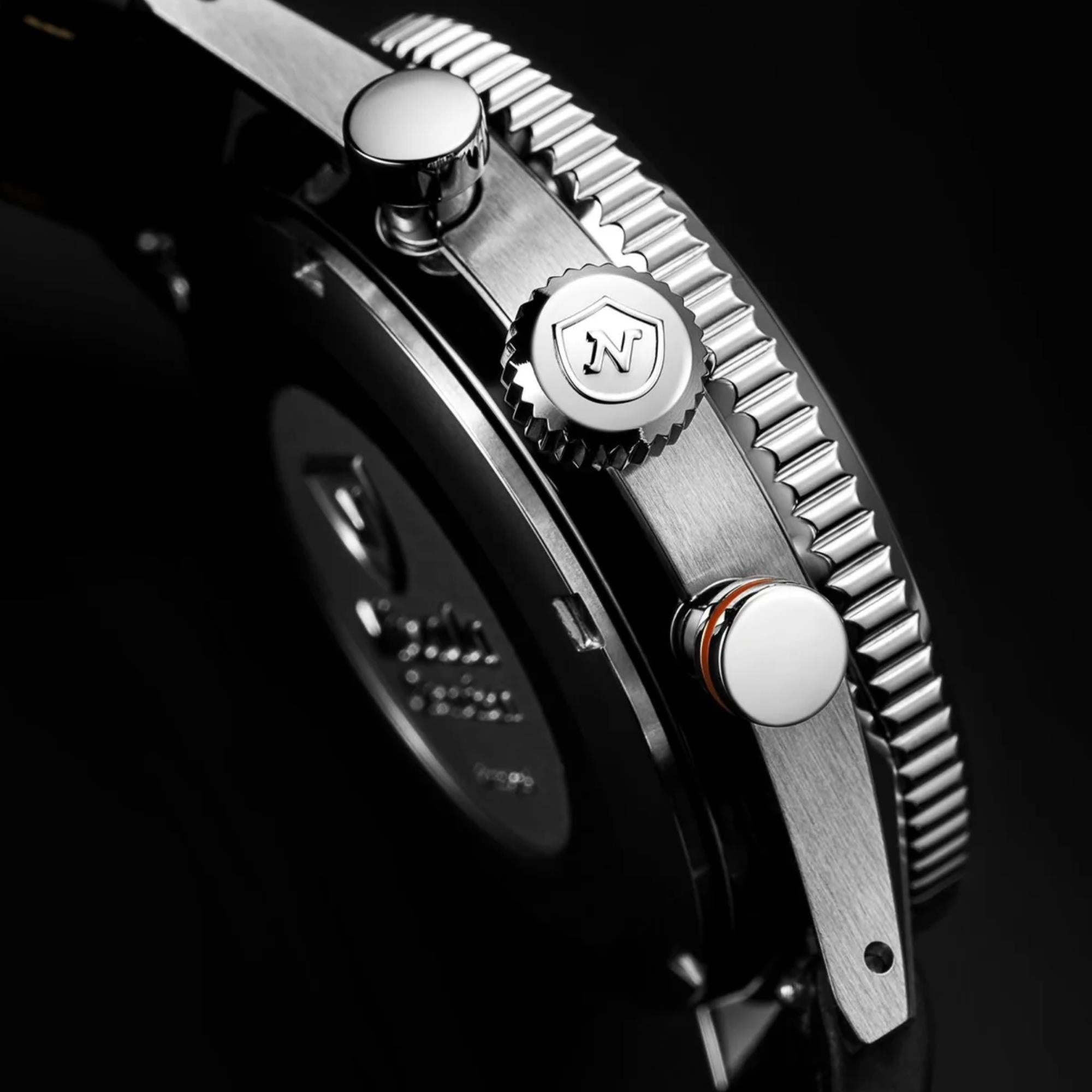 Nivada Grenchen Chronoking Mecaquartz 87049Q20 stainless steel case side view with crown and chronograph pushers detail