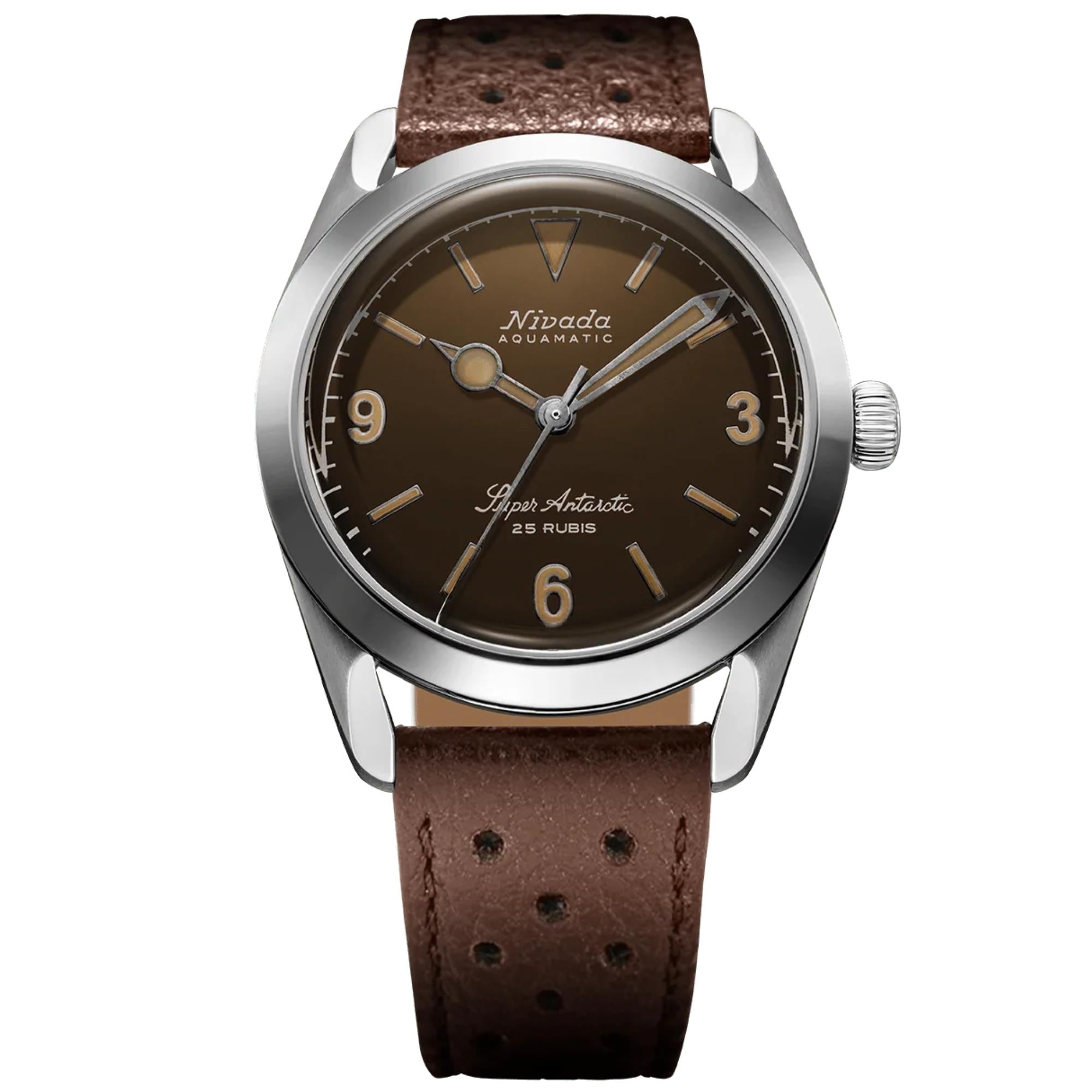Nivada Grenchen Super Antarctic 38mm Brown Dial Leather Mens Automatic Watch 32031A23