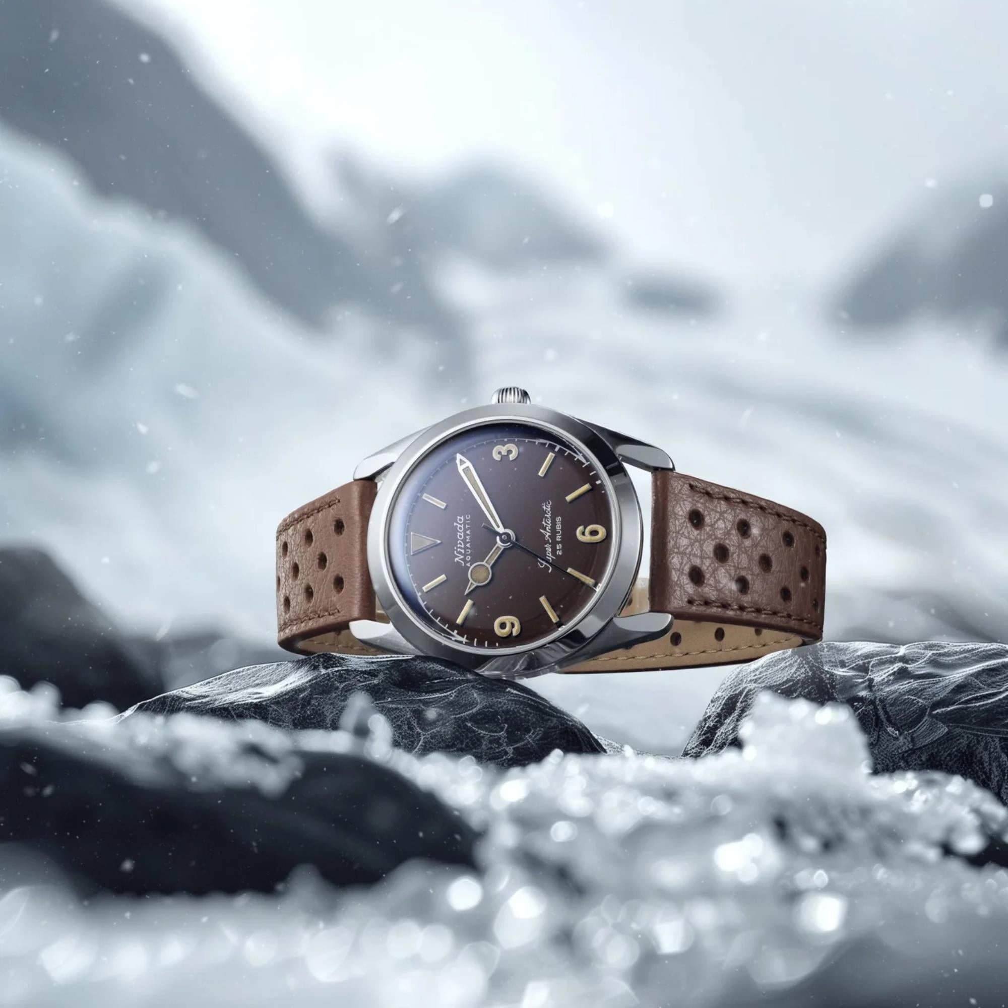 Nivada Grenchen Super Antarctic 38mm Brown Dial Leather Mens Automatic Watch 32031A23