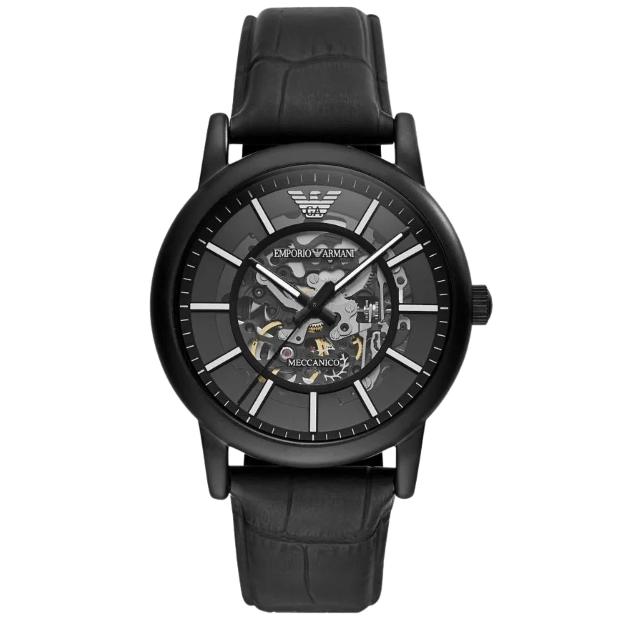Emporio Armani Luigi 43mm Skeleton Black Dial Leather Mens Automatic Watch AR60008