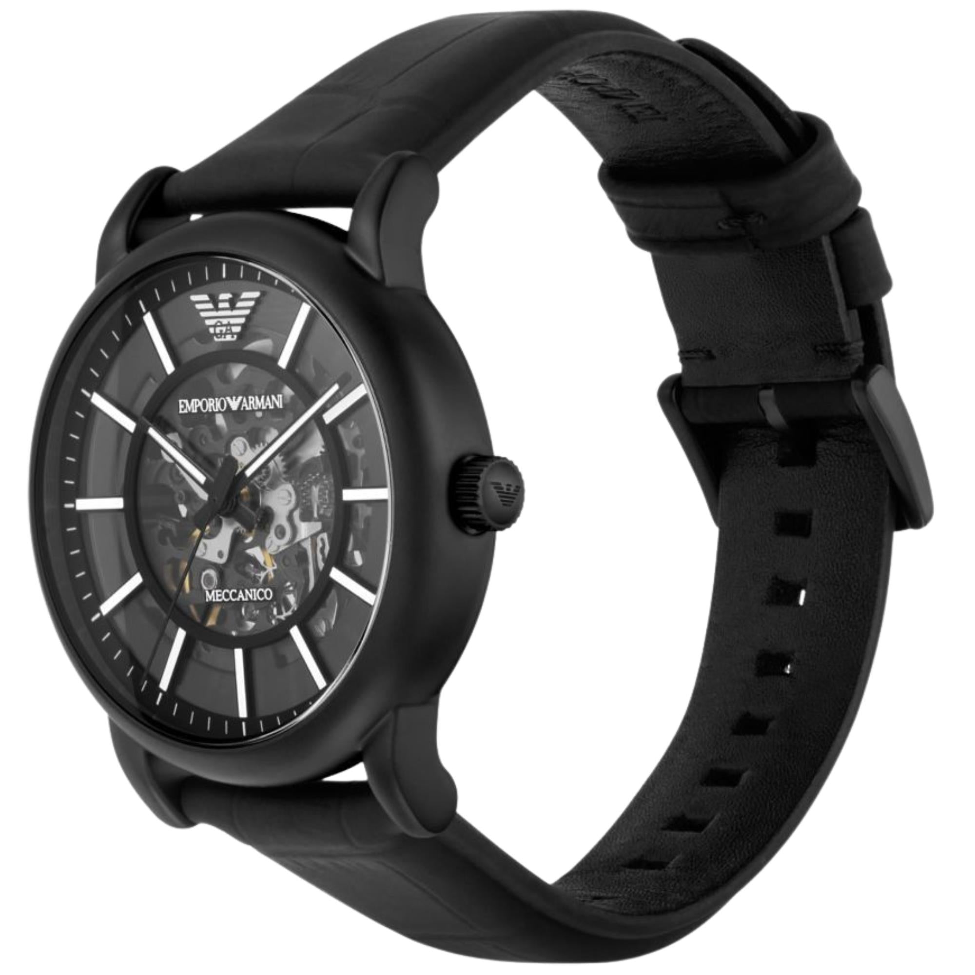 Emporio Armani Luigi 43mm Skeleton Black Dial Leather Mens Automatic Watch AR60008