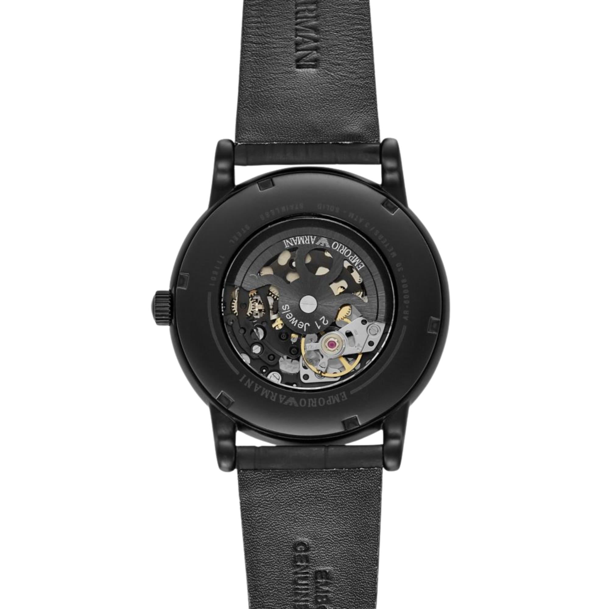 Emporio Armani Luigi 43mm Skeleton Black Dial Leather Mens Automatic Watch AR60008