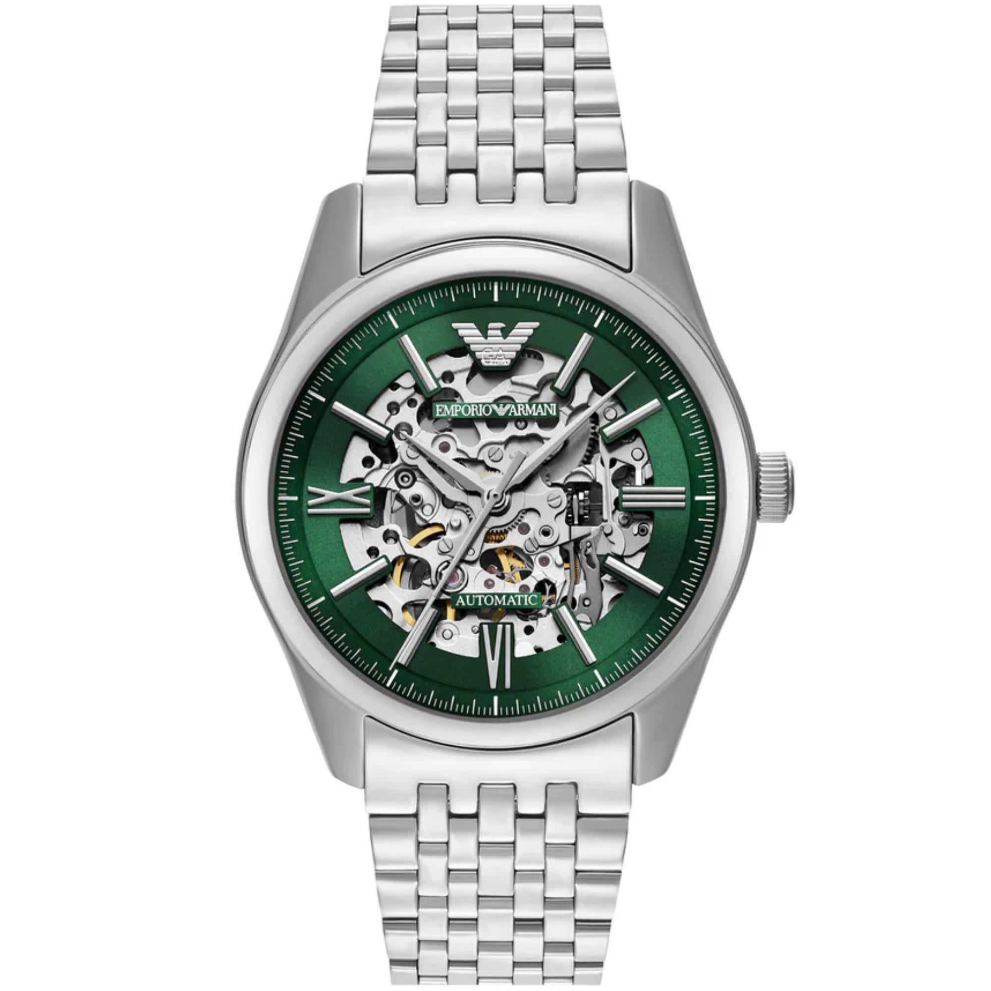 Emporio Armani Antonio 43mm Skeleton Green Dial Steel Mens Automatic Watch AR60091