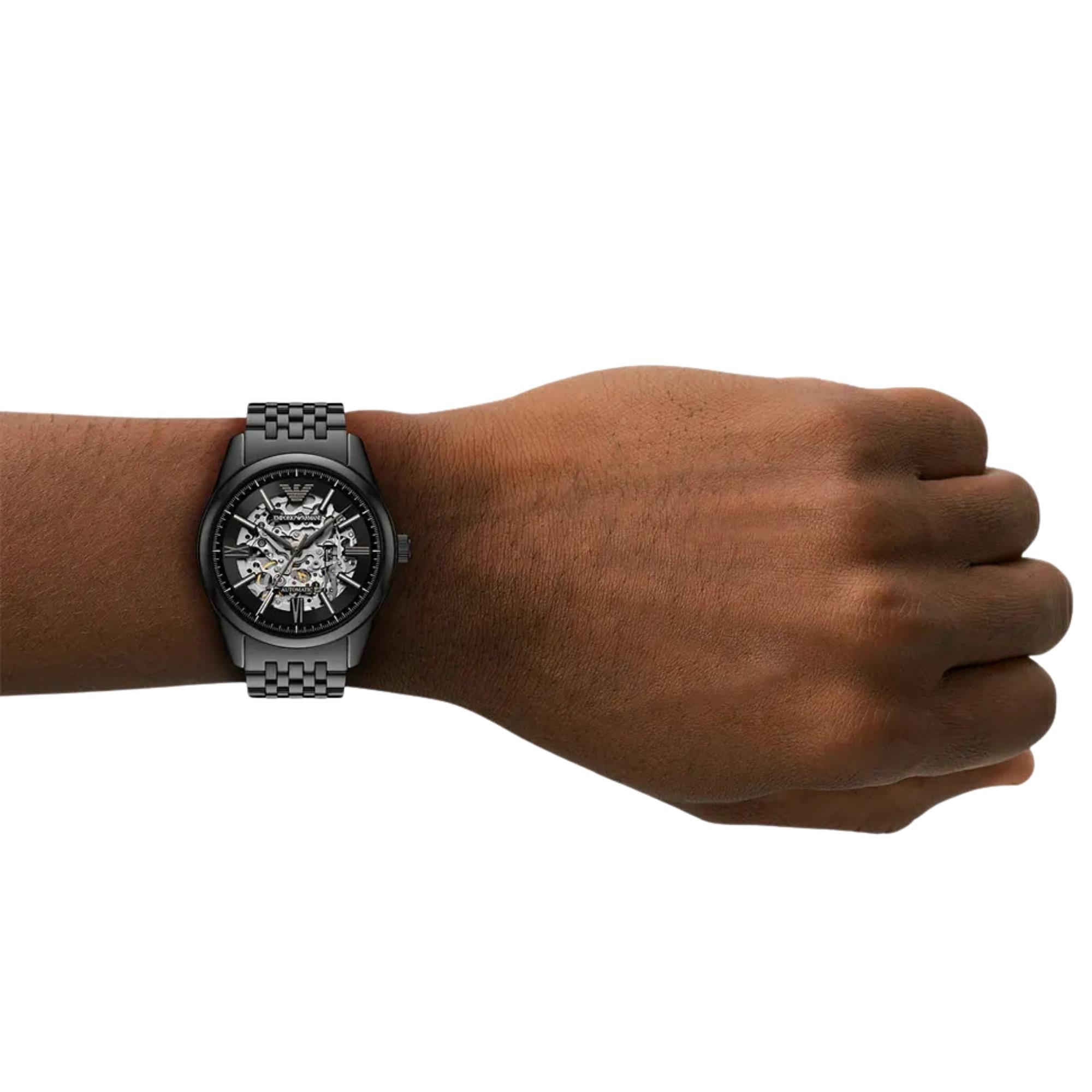 Emporio Armani Antonio 43mm Skeleton Black Dial Steel Mens Automatic Watch AR60093