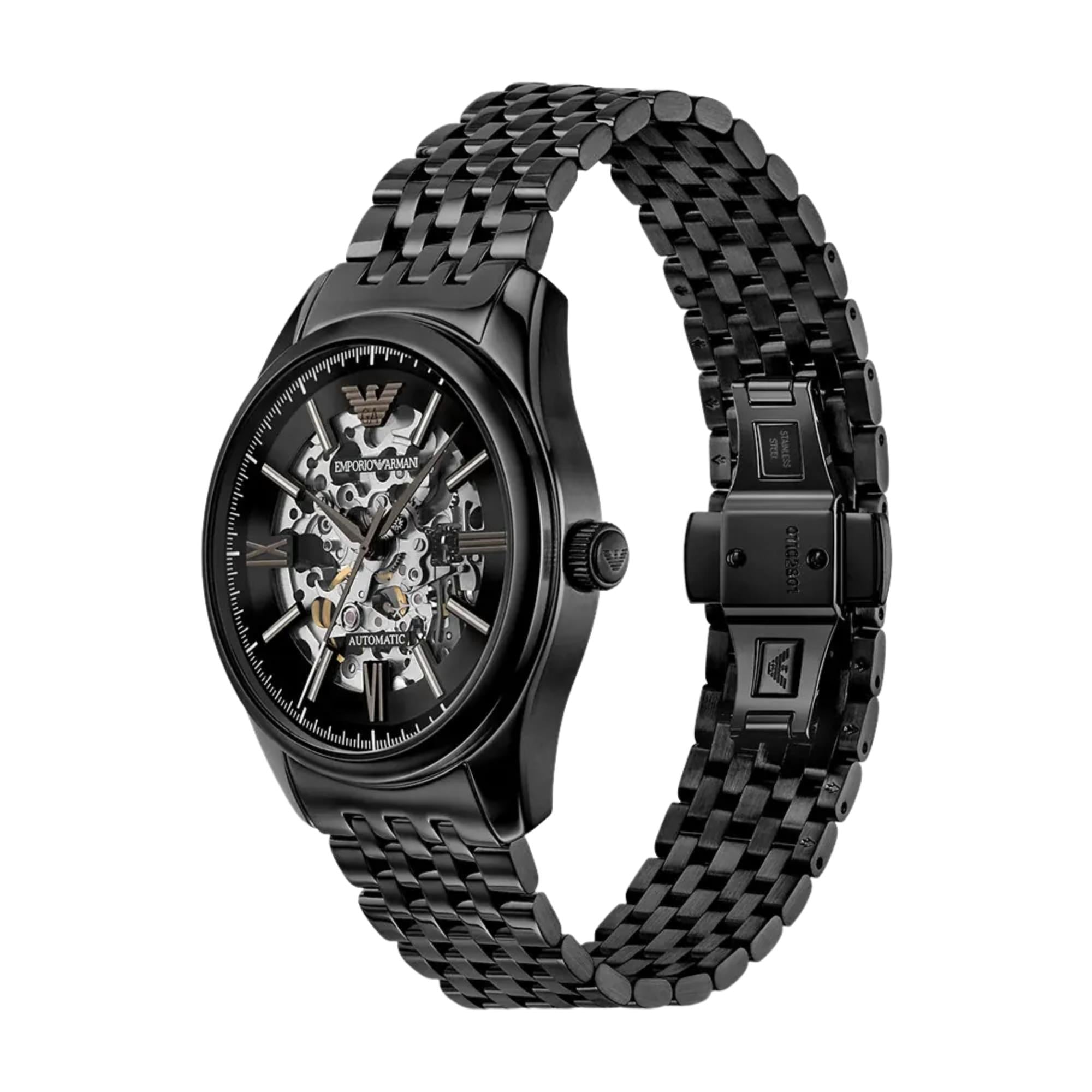 Emporio Armani Antonio 43mm Skeleton Black Dial Steel Mens Automatic Watch AR60093