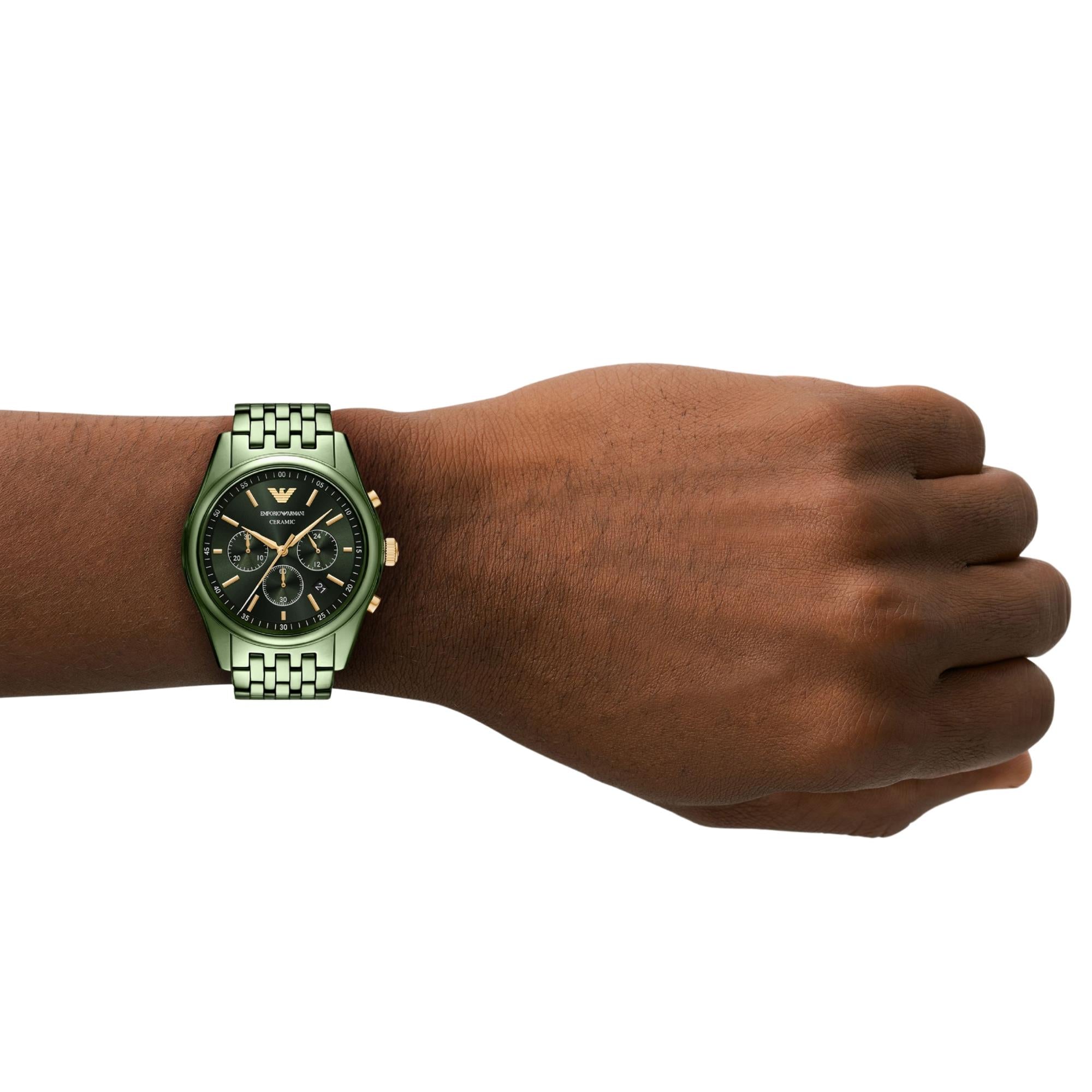 Emporio Armani Antonio 43mm Chronograph Green Dial Ceramic Mens Quartz Watch AR70017