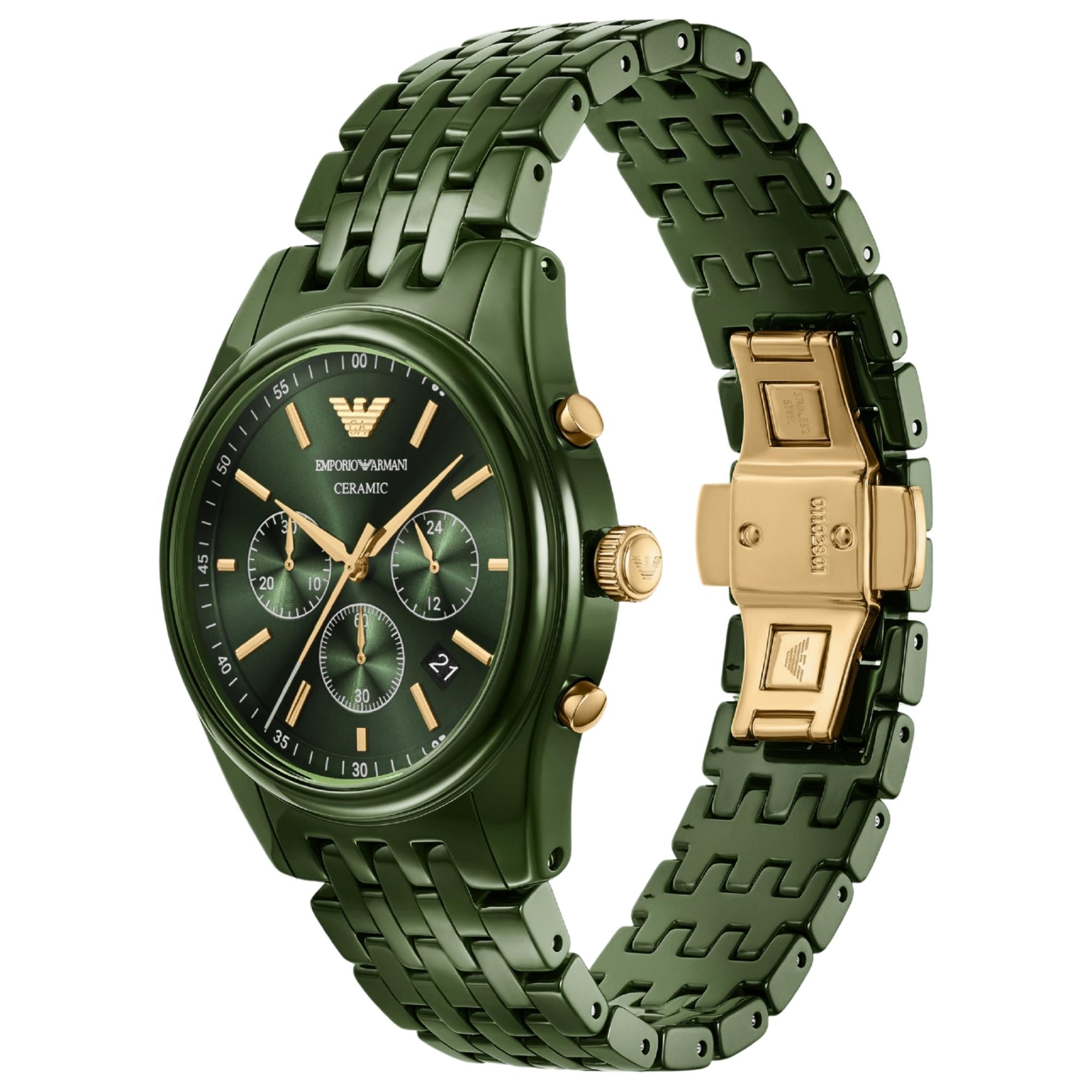 Emporio Armani Antonio 43mm Chronograph Green Dial Ceramic Mens Quartz Watch AR70017
