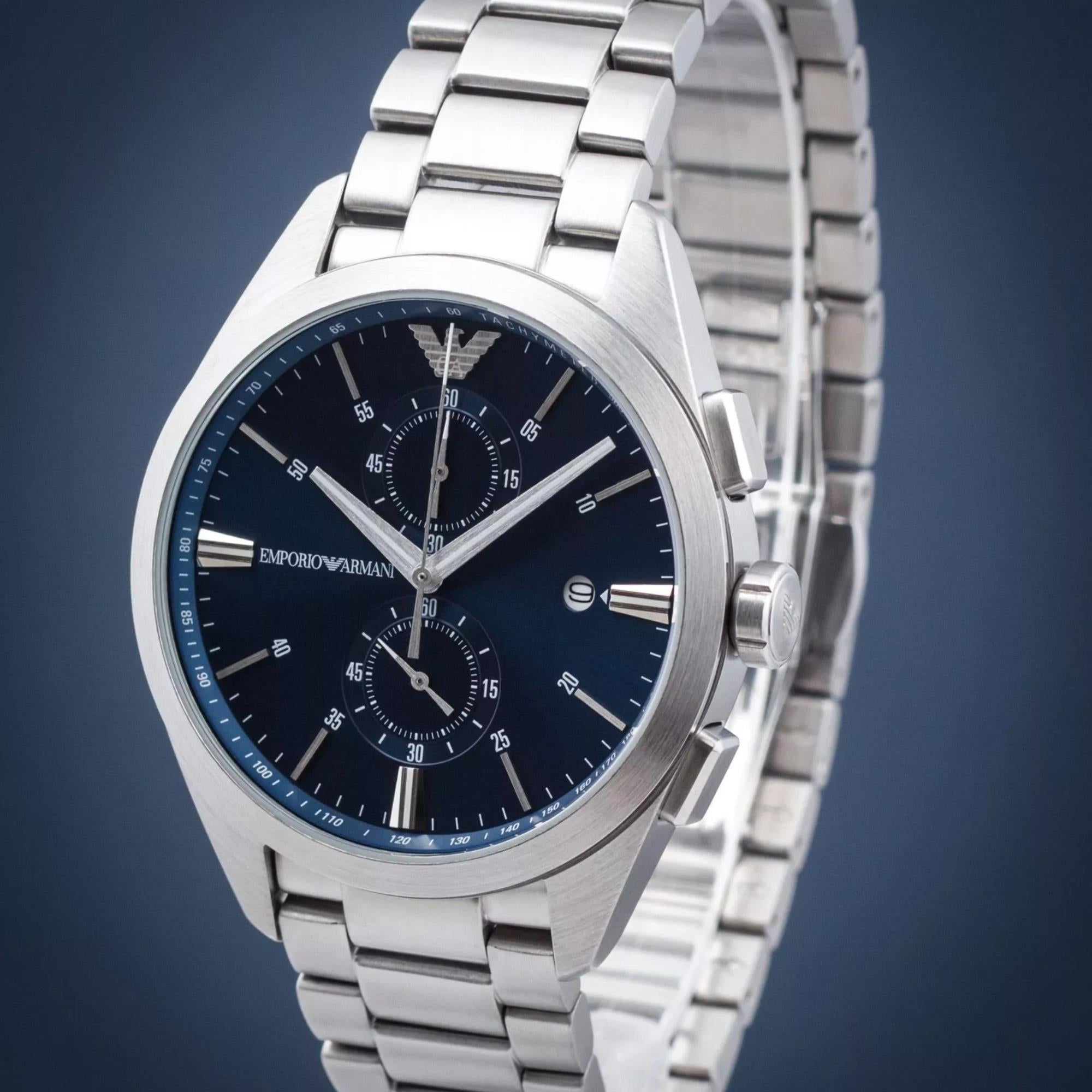 Emporio Armani Claudio 43mm Chronograph Blue Dial Steel Mens Quartz Watch AR11541