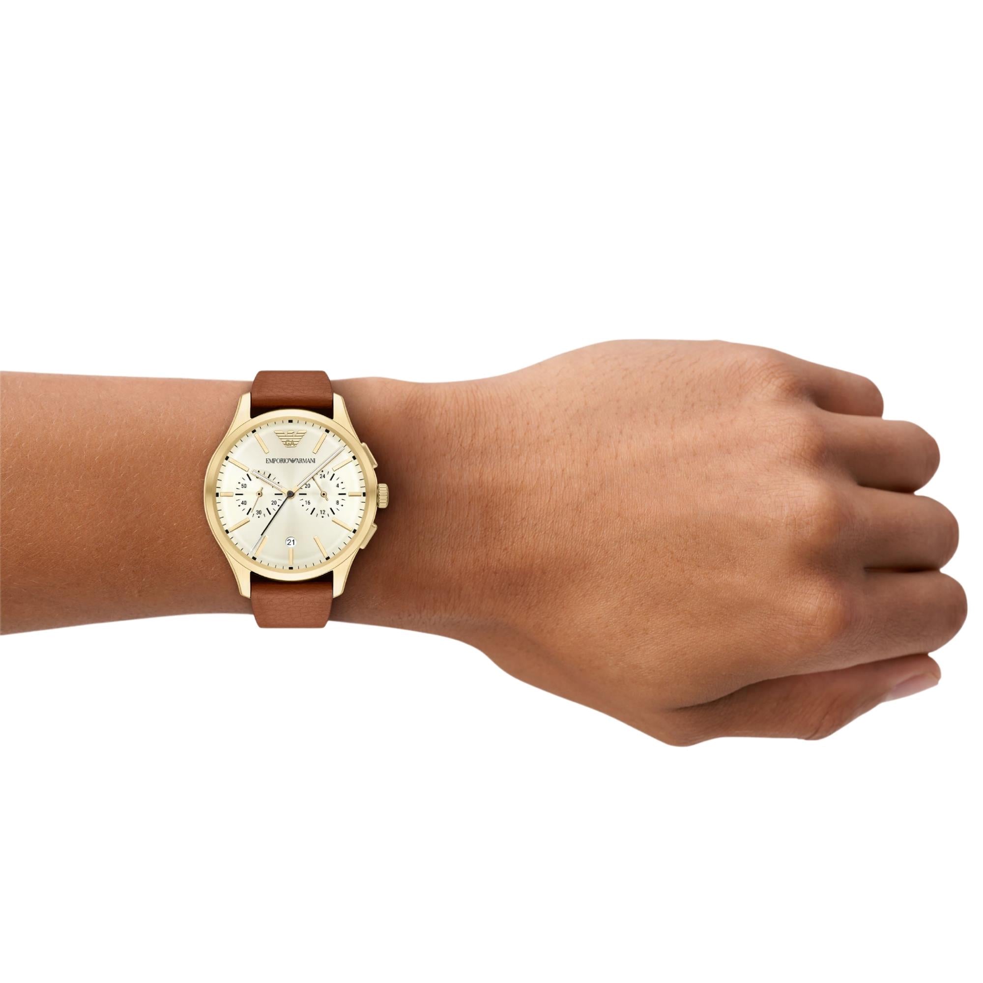 Emporio Armani Dario 42mm Chronograph Cream Dial Leather Mens Quartz Watch AR11714