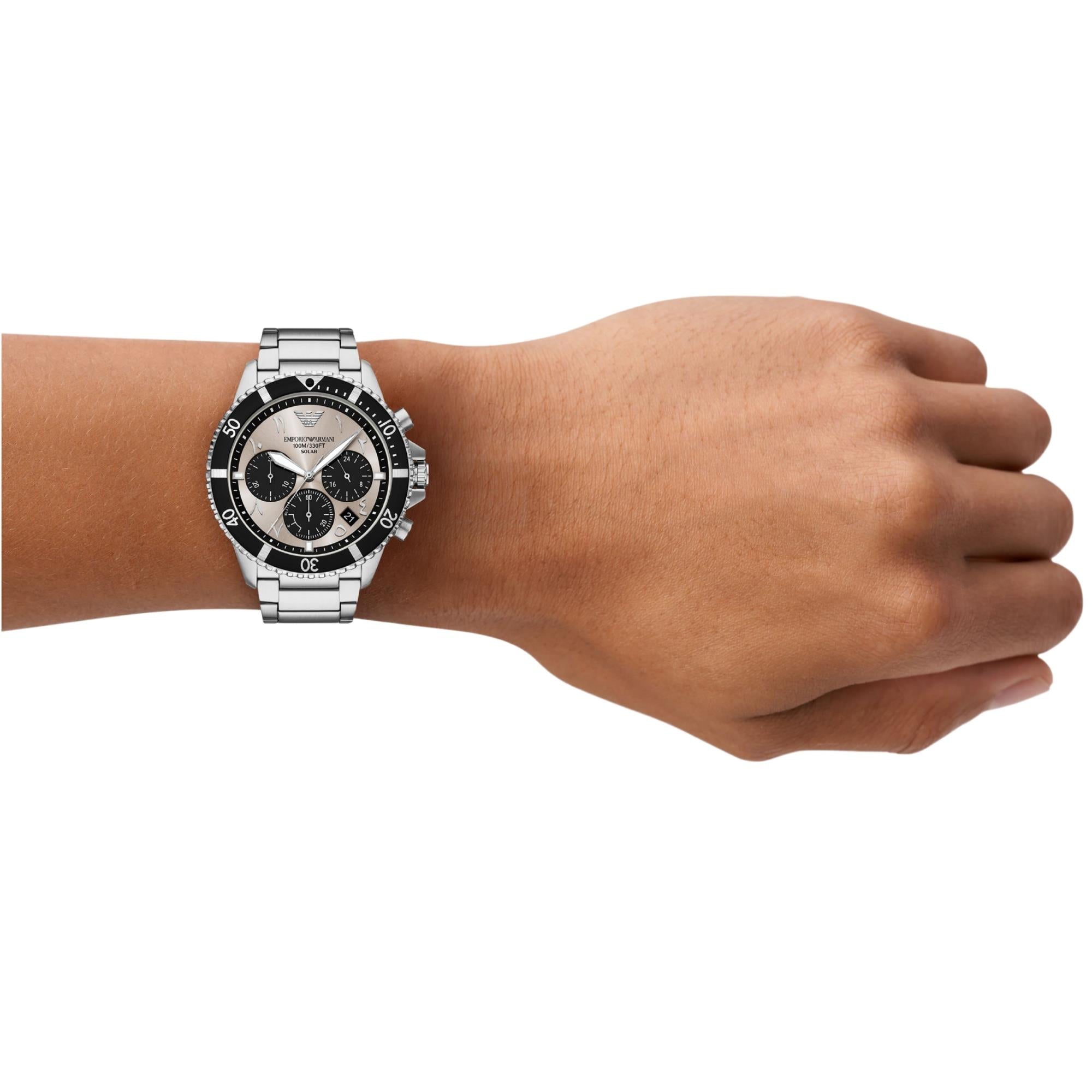 Emporio Armani World Explorer 43.5mm Chronograph Gray Dial Steel Mens Solar Watch AR11722