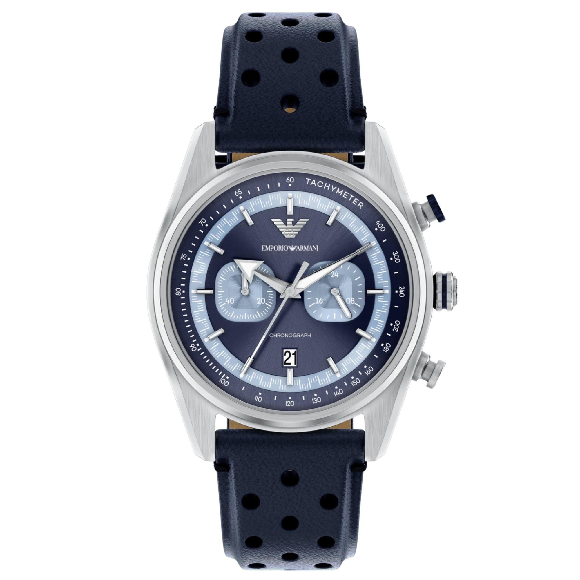Emporio Armani Racer 42mm Chronograph Blue Dial Leather Mens Quartz Watch AR11781