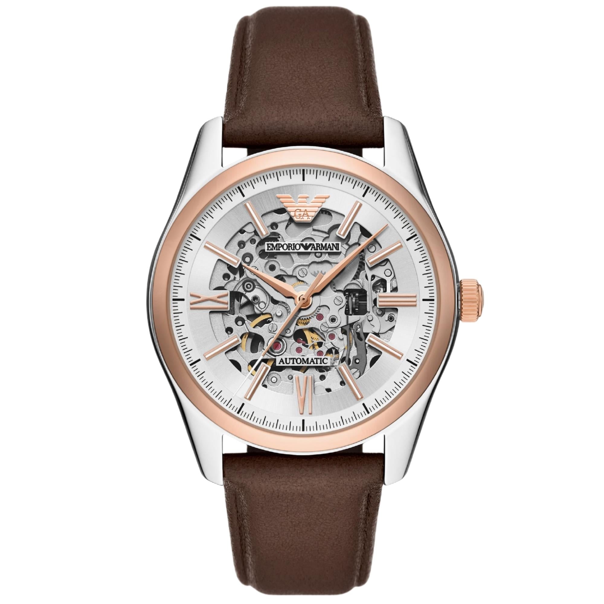 Emporio Armani World Explorer 43mm Skeleton Silver Dial Leather Mens Automatic Watch AR60094