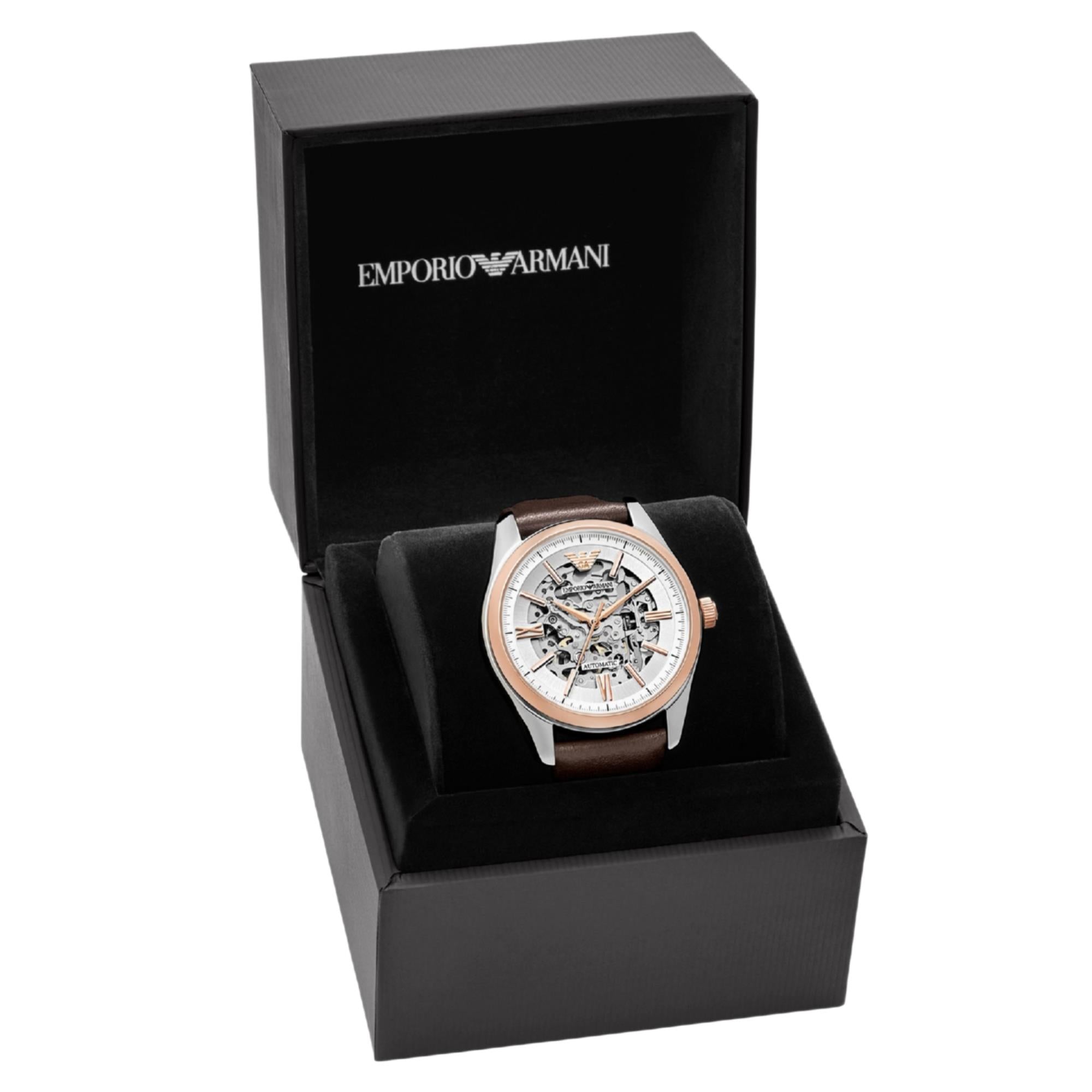Emporio Armani World Explorer 43mm Skeleton Silver Dial Leather Mens Automatic Watch AR60094