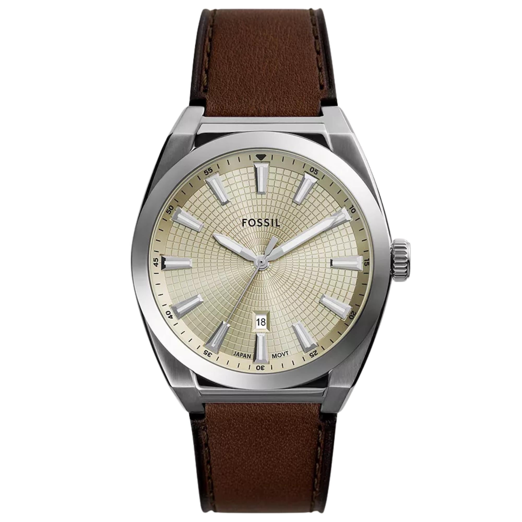 Fossil Everett 42mm Cream Sunray Dial Leather Mens Quartz Watch FS6071