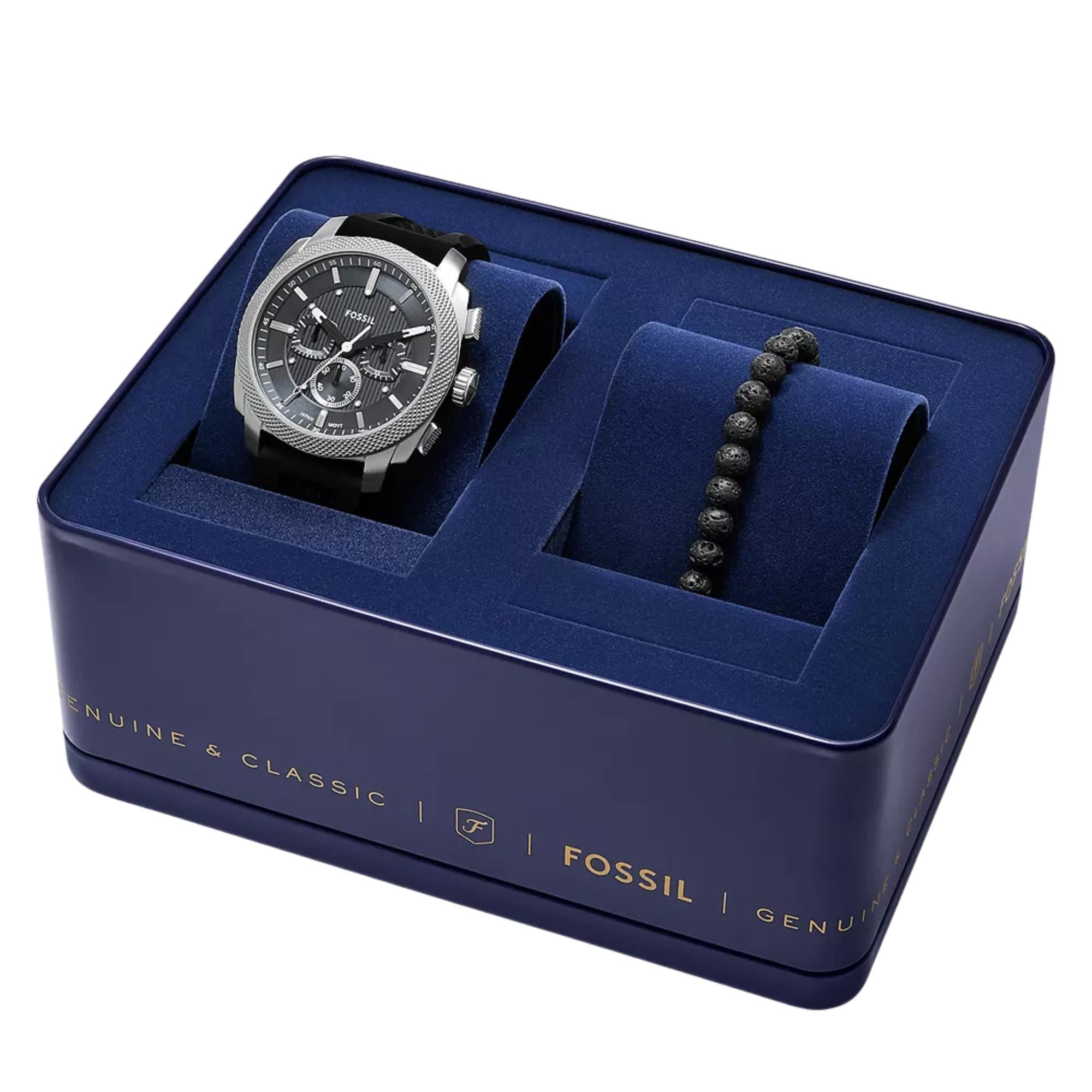 Fossil Machine 44mm Chronograph Grey Dial Silicone Mens Quartz Watch FS6145SET