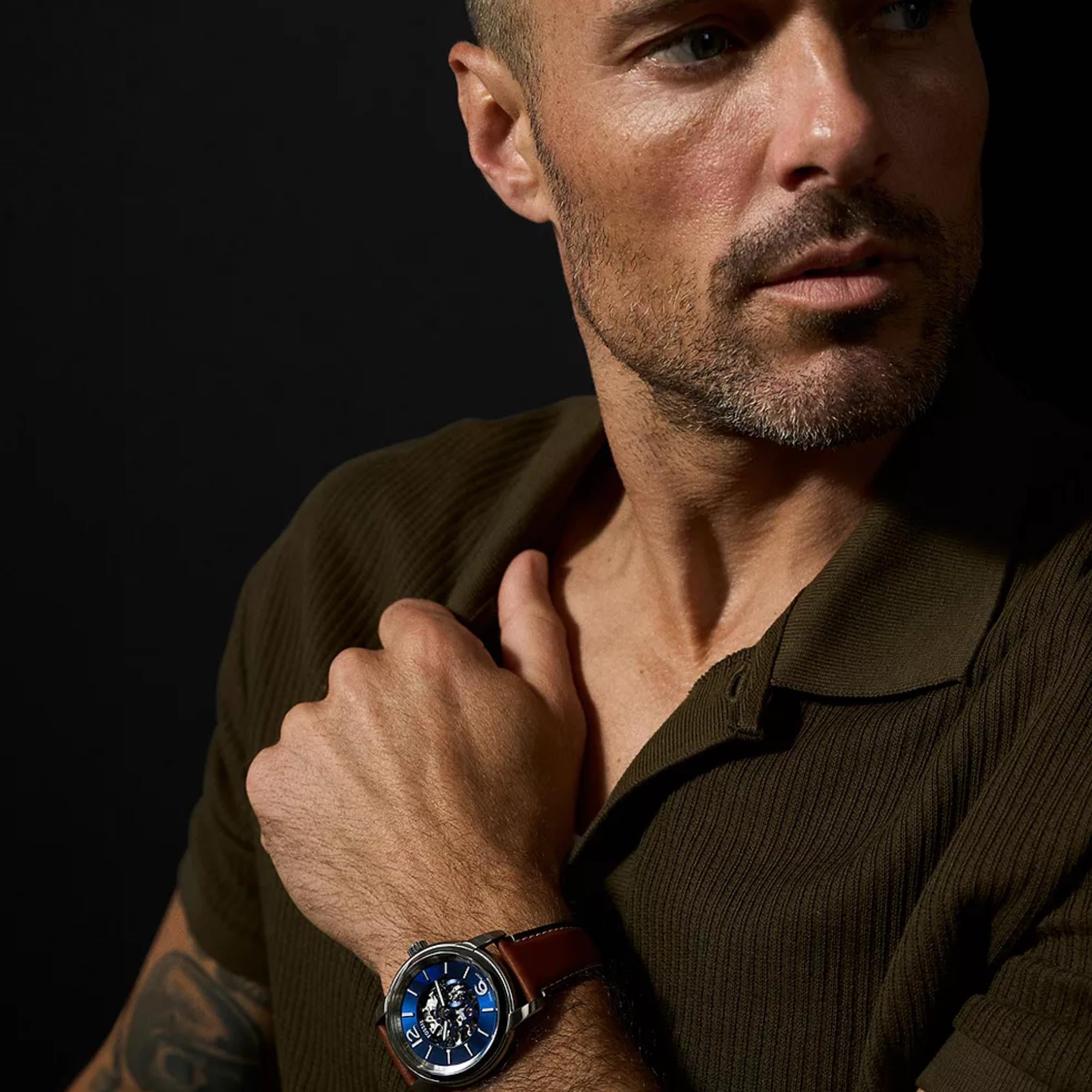 Fossil Heritage 43mm Skeleton Blue Dial Leather Mens Automatic Watch ME3263
