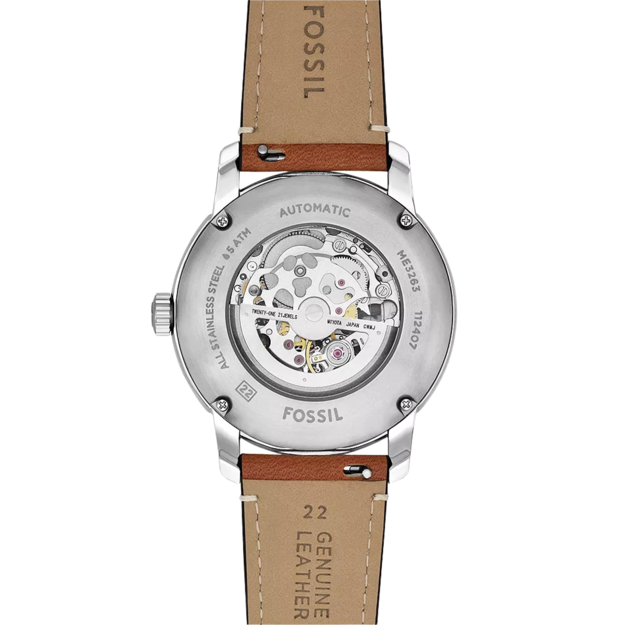 Fossil Heritage 43mm Skeleton Blue Dial Leather Mens Automatic Watch ME3263