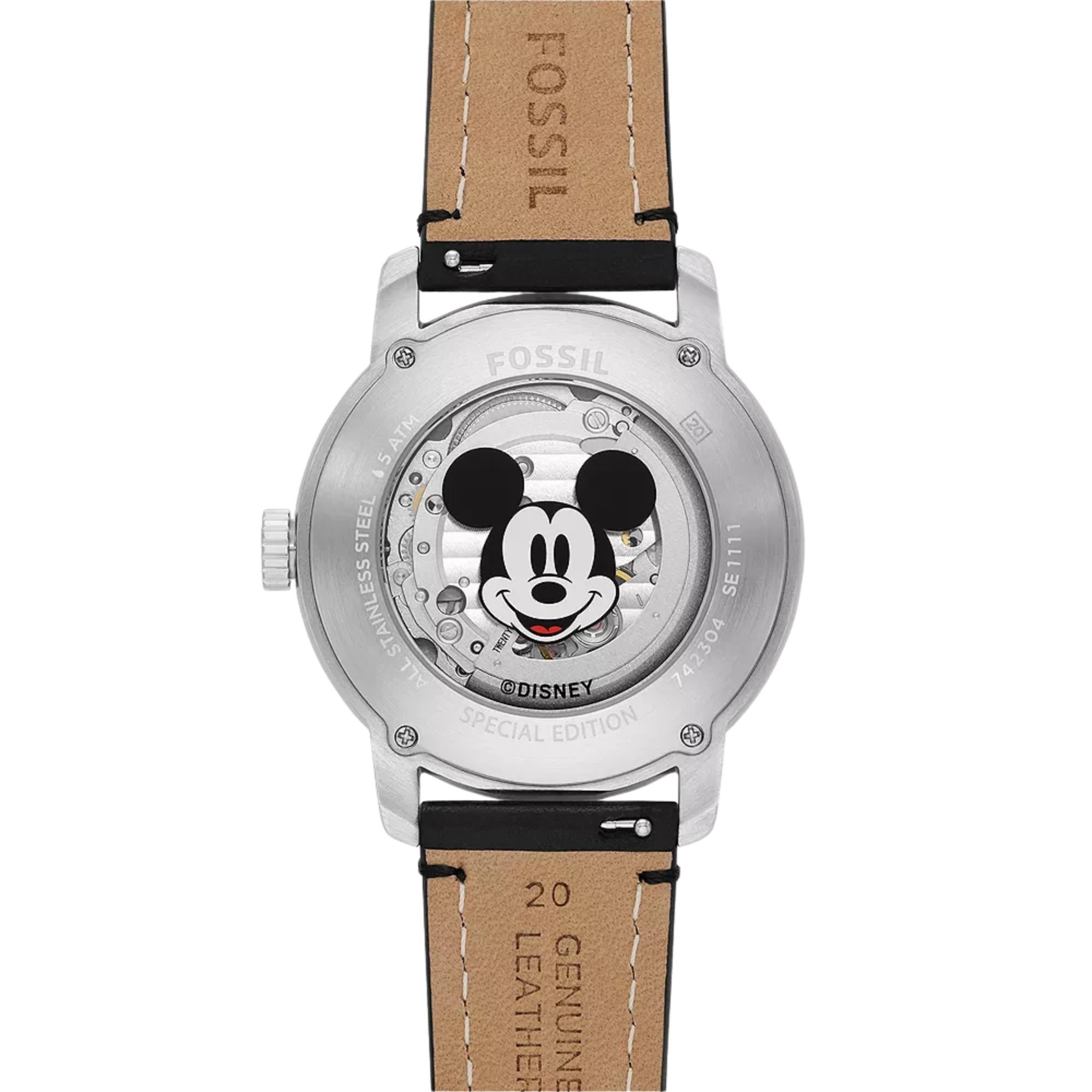Fossil Disney Mickey Mouse 40mm Special Edition White Dial Leather Automatic Watch SE1111