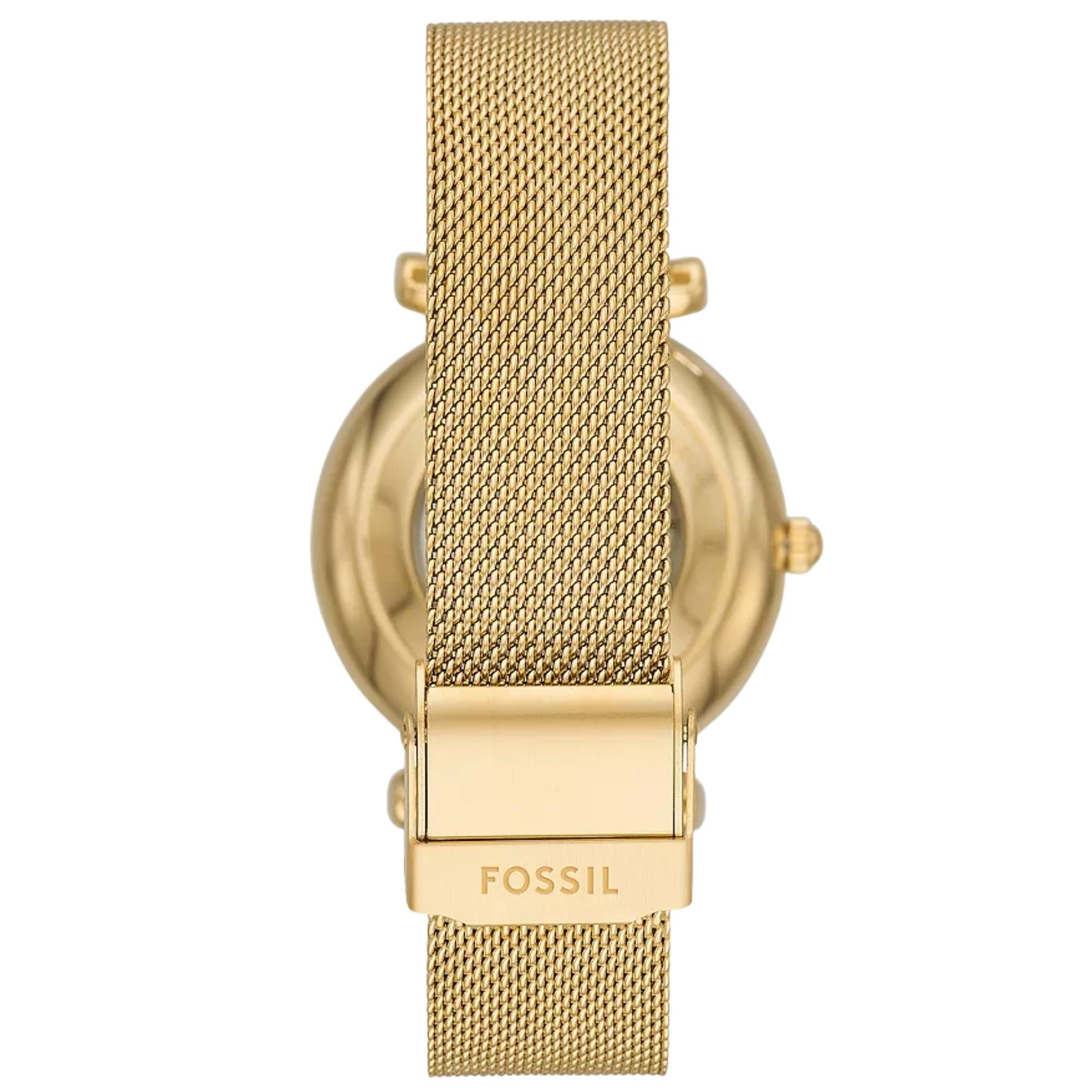 Fossil Carlie 35mm Skeleton Gold Dial Steel Ladies Automatic Watch ME3250