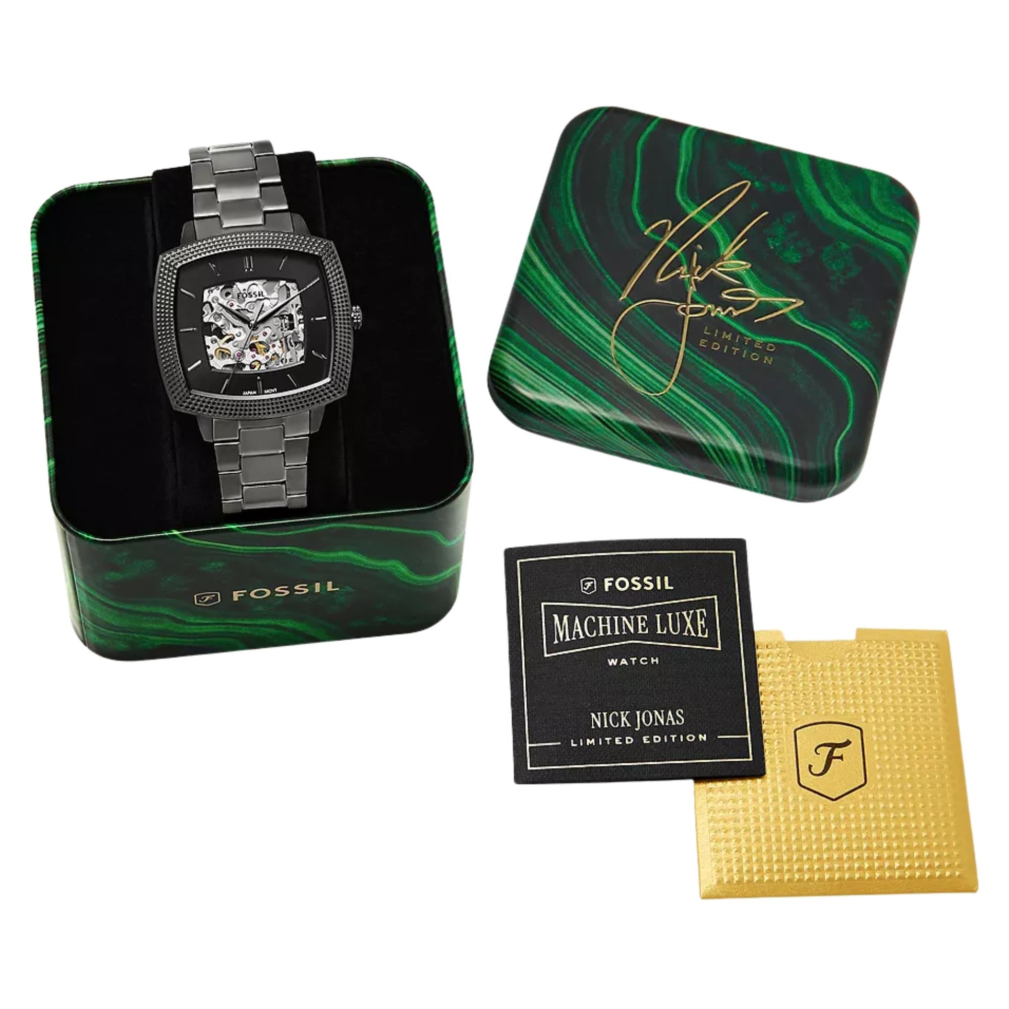 Fossil Machine x Nick Jonas 41mm Skeleton Black Dial Steel Automatic Watch LE1219