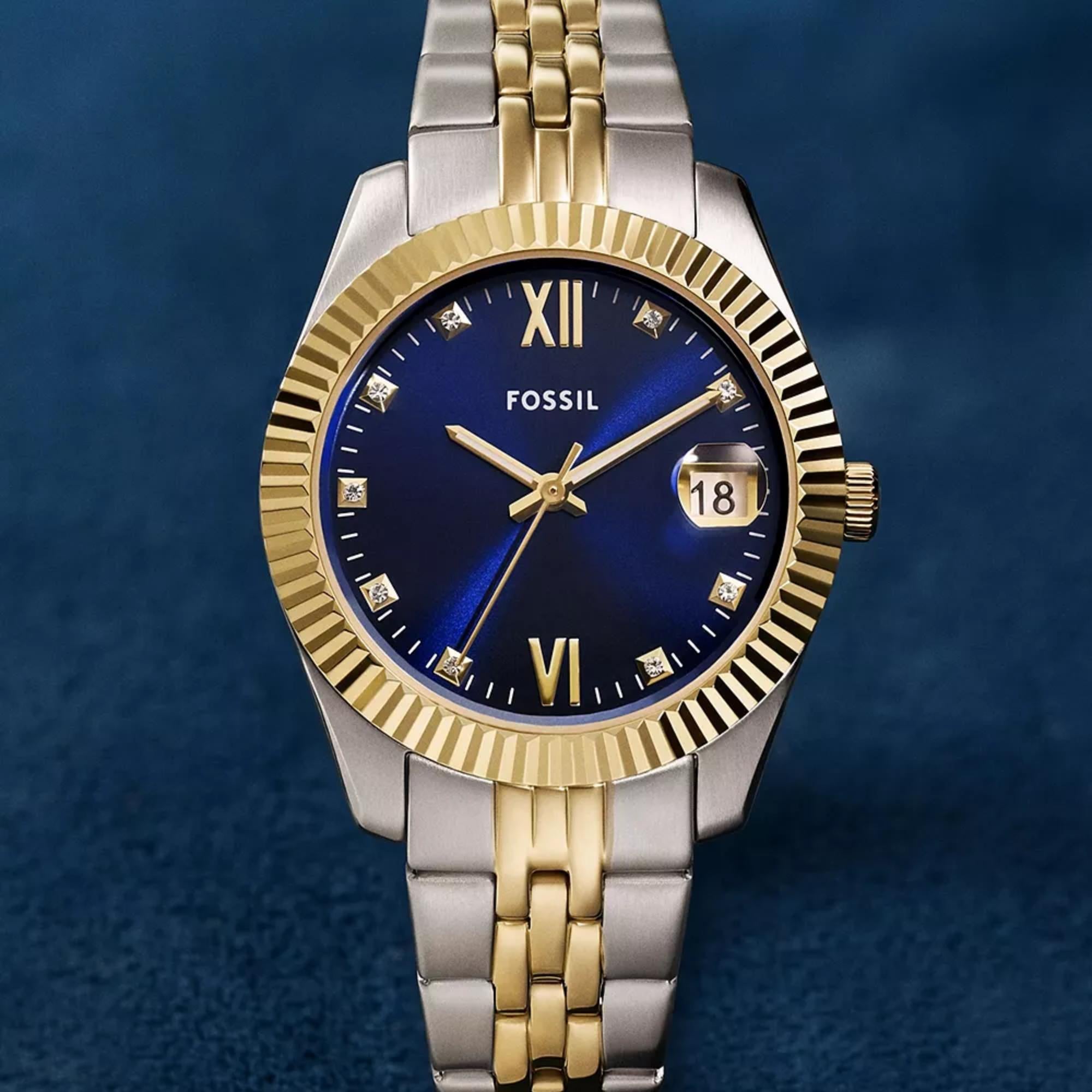 Fossil Scarlette 33mm Gold Dial Steel Ladies Quartz Watch ES5443