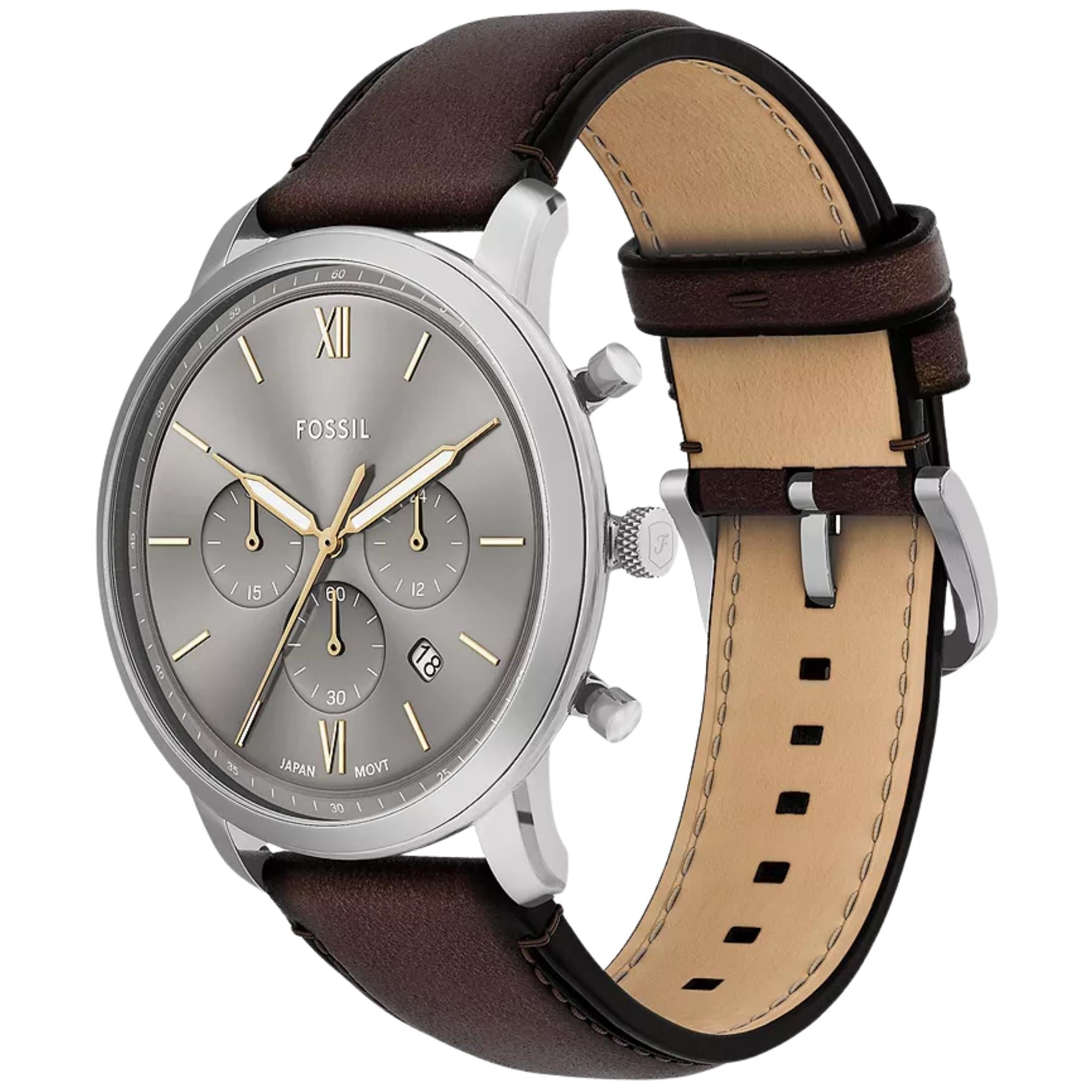 Fossil Neutra 44mm Chronograph Gray Dial  Leather Mens Quartz Watch FS6129