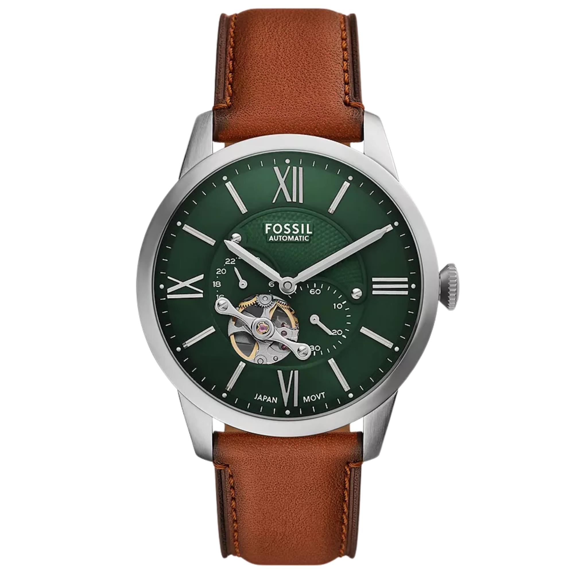 Fossil Townsman 44mm Skeleton Green Dial Leather Mens Automatic Watch ME3265