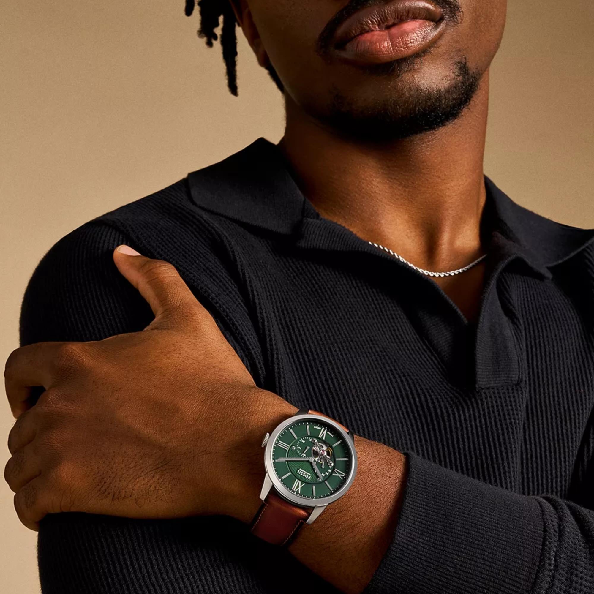 Fossil Townsman 44mm Skeleton Green Dial Leather Mens Automatic Watch ME3265