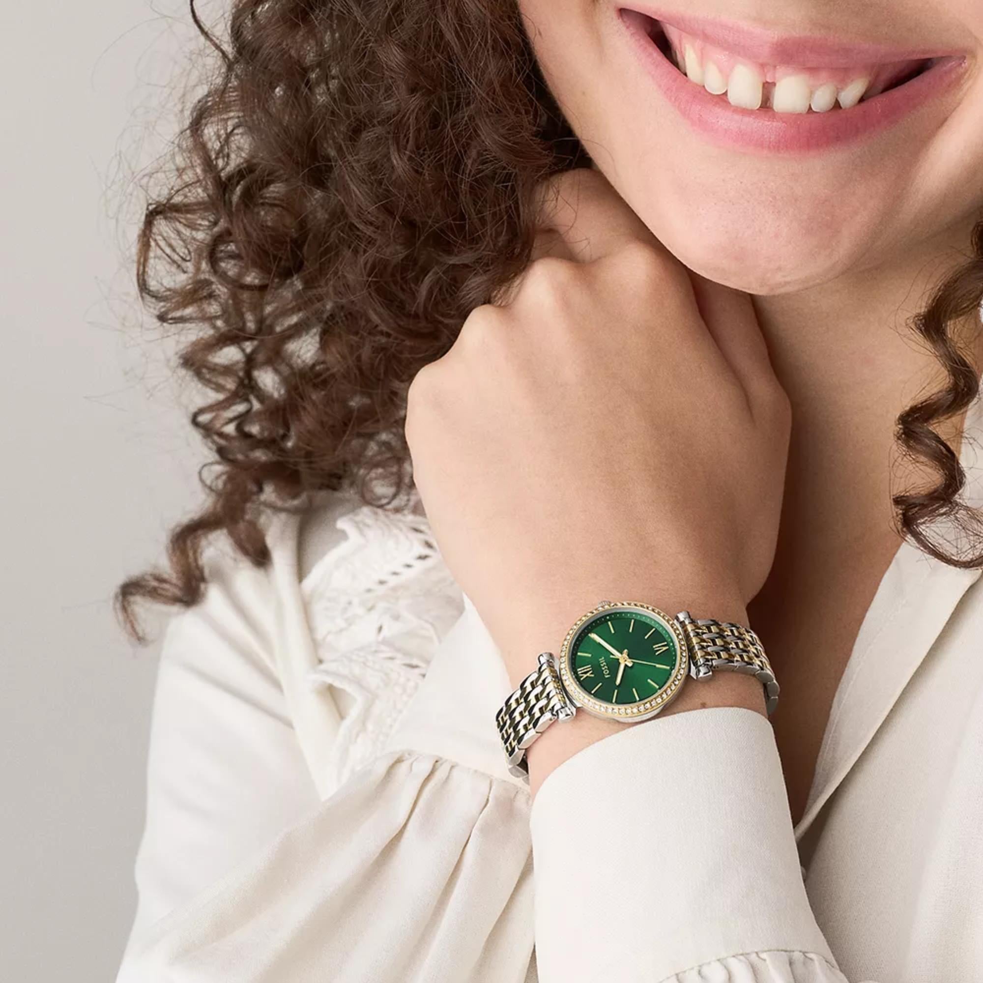 Fossil Carlie 28mm Green Dial Steel Ladies Quartz Watch ES5439