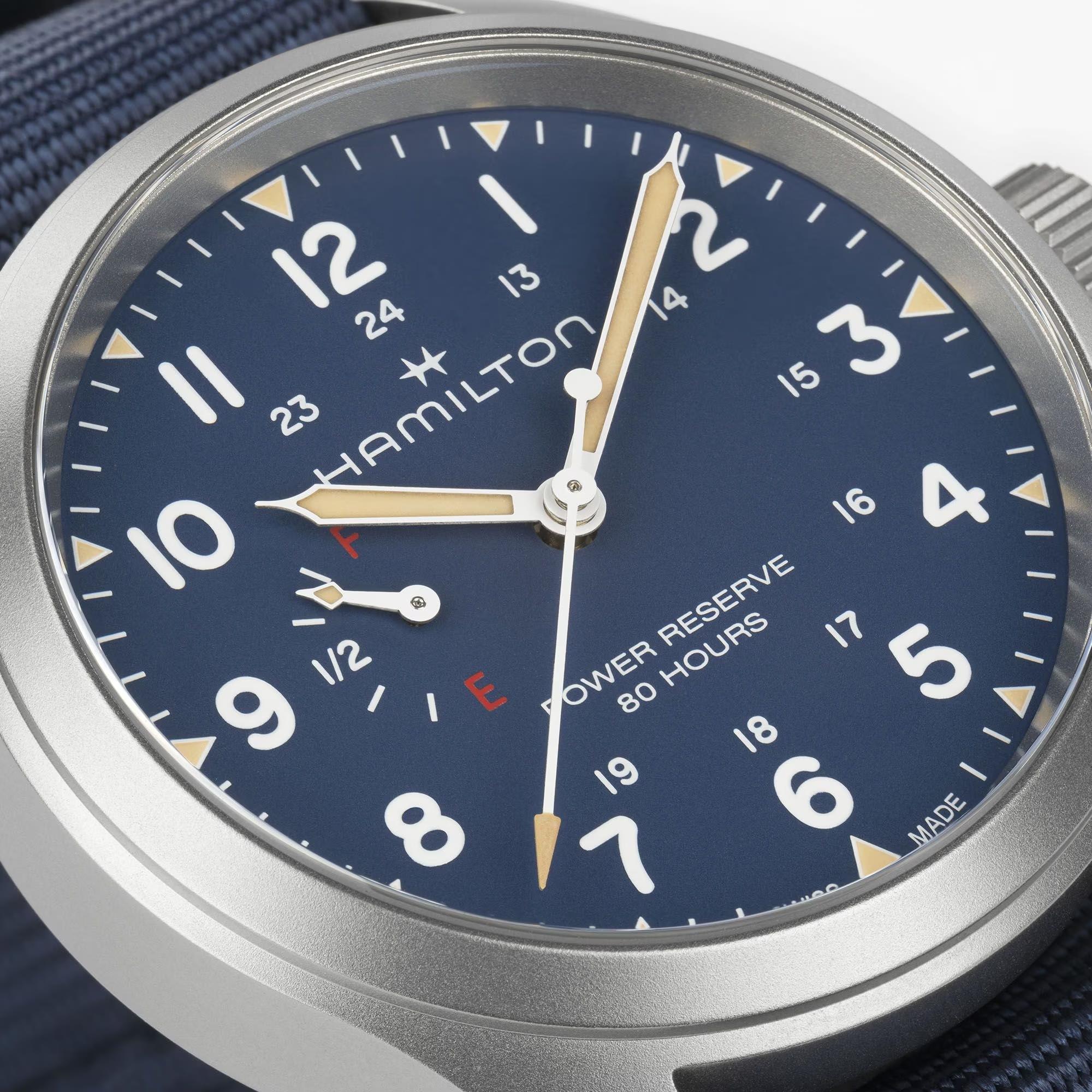 Hamilton Khaki Field 40mm Power Reserve Blue Dial NATO Mens Manual-Wind Watch H69509940