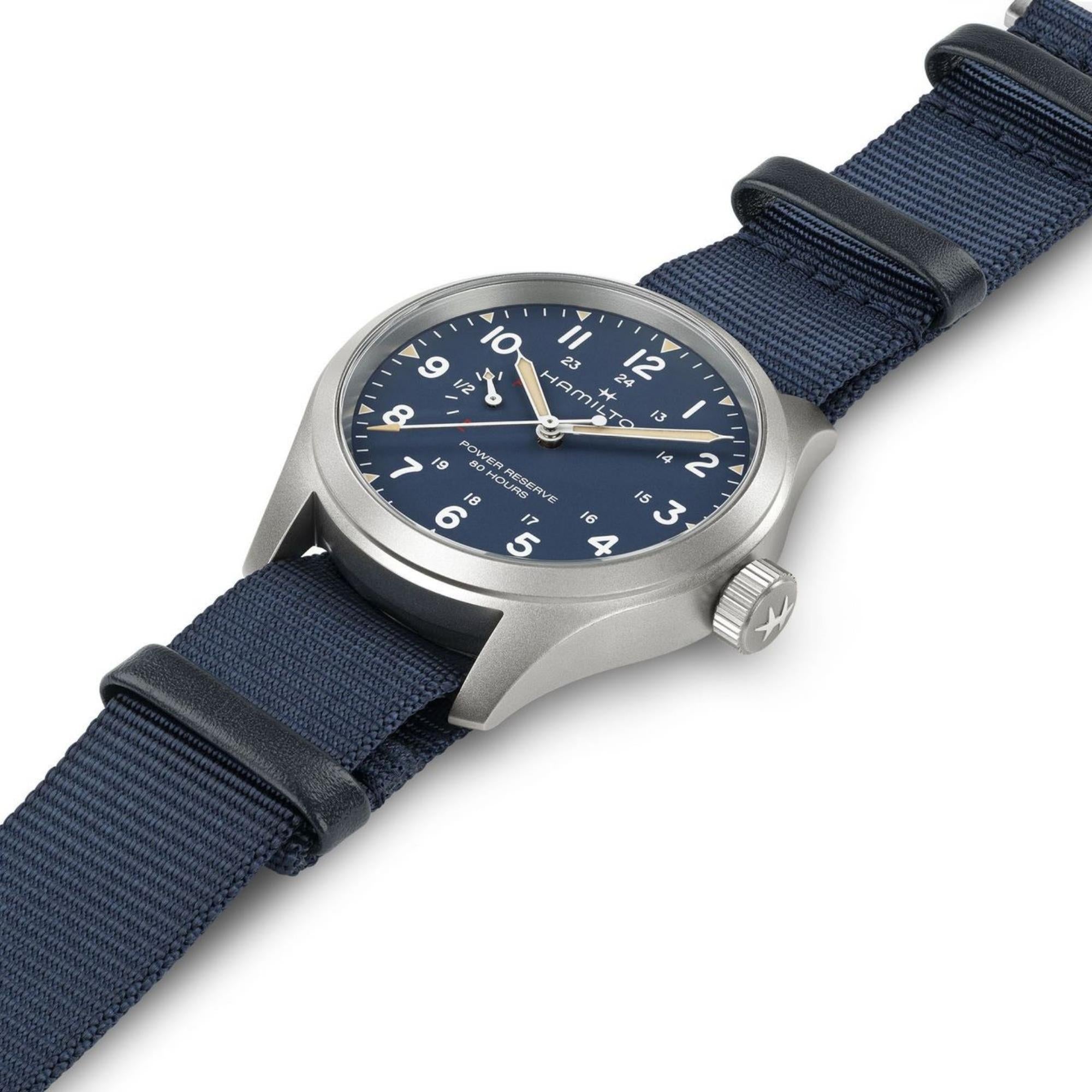 Hamilton Khaki Field 40mm Power Reserve Blue Dial NATO Mens Manual-Wind Watch H69509940
